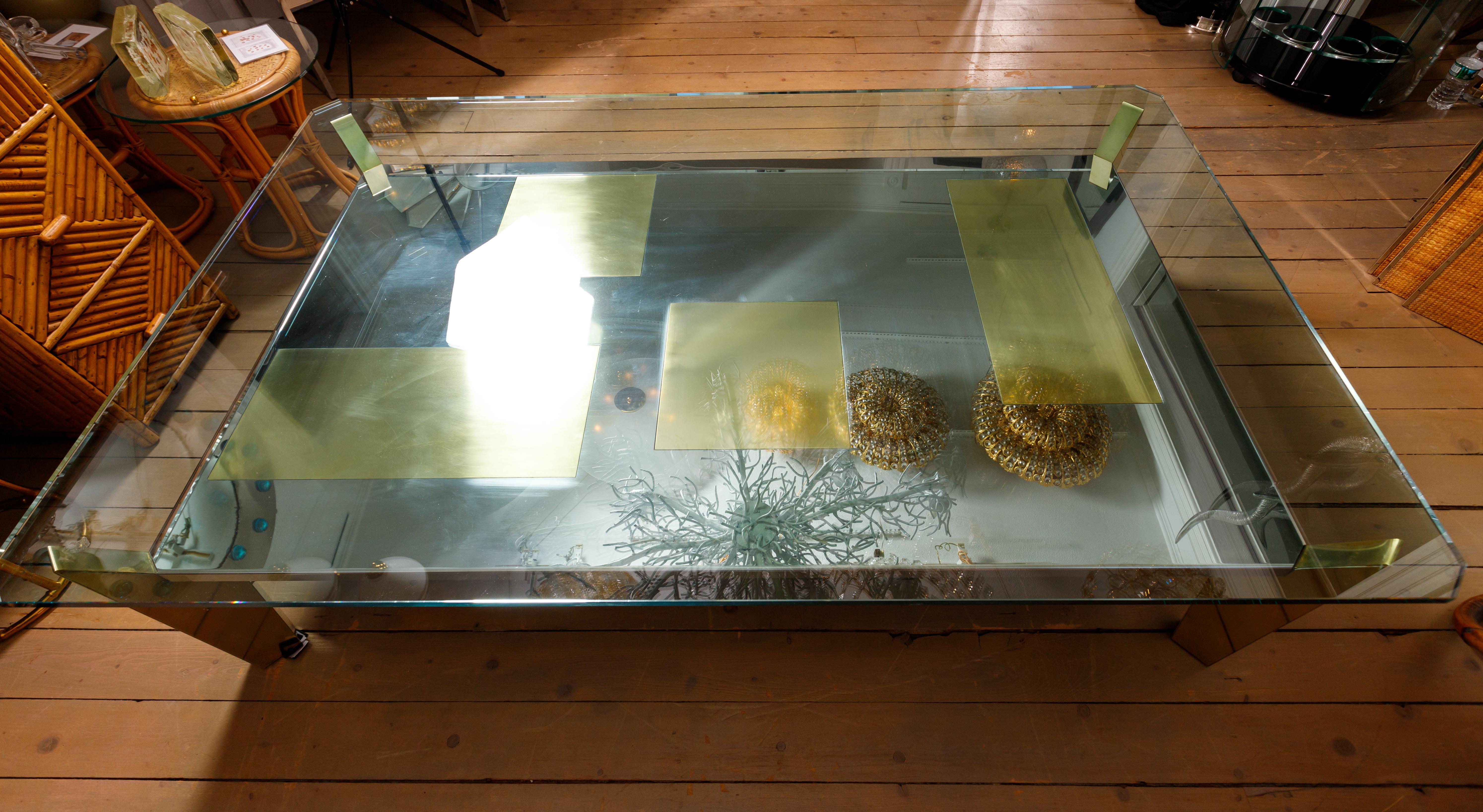 20th Century Rectangular Chrome Glass Top Coffee Table with Brass Inlays For Sale