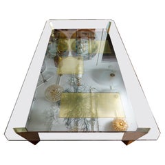 Retro Rectangular Chrome Glass Top Coffee Table with Brass Inlays