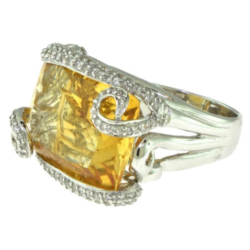 Rectangular Citrine and Diamond in 18 Karat White Gold Swirl Cocktail Ring For Sale