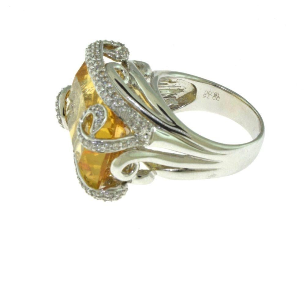 Emerald Cut Rectangular Citrine and Diamond in 18 Karat White Gold Swirl Cocktail Ring For Sale