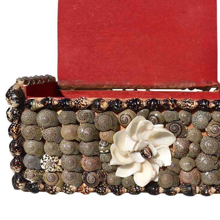20th Century Rectangular Coastal Decorative Wood Sea Shell Motif Flower Trinket Box