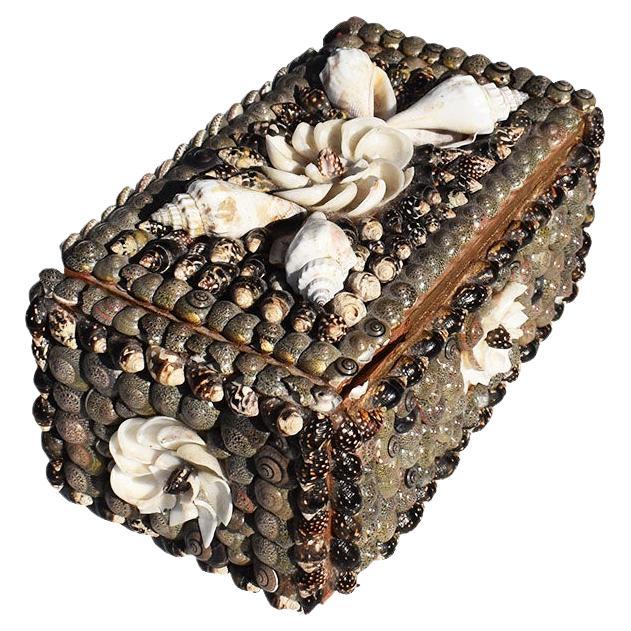 Rectangular Coastal Decorative Wood Sea Shell Motif Flower Trinket Box