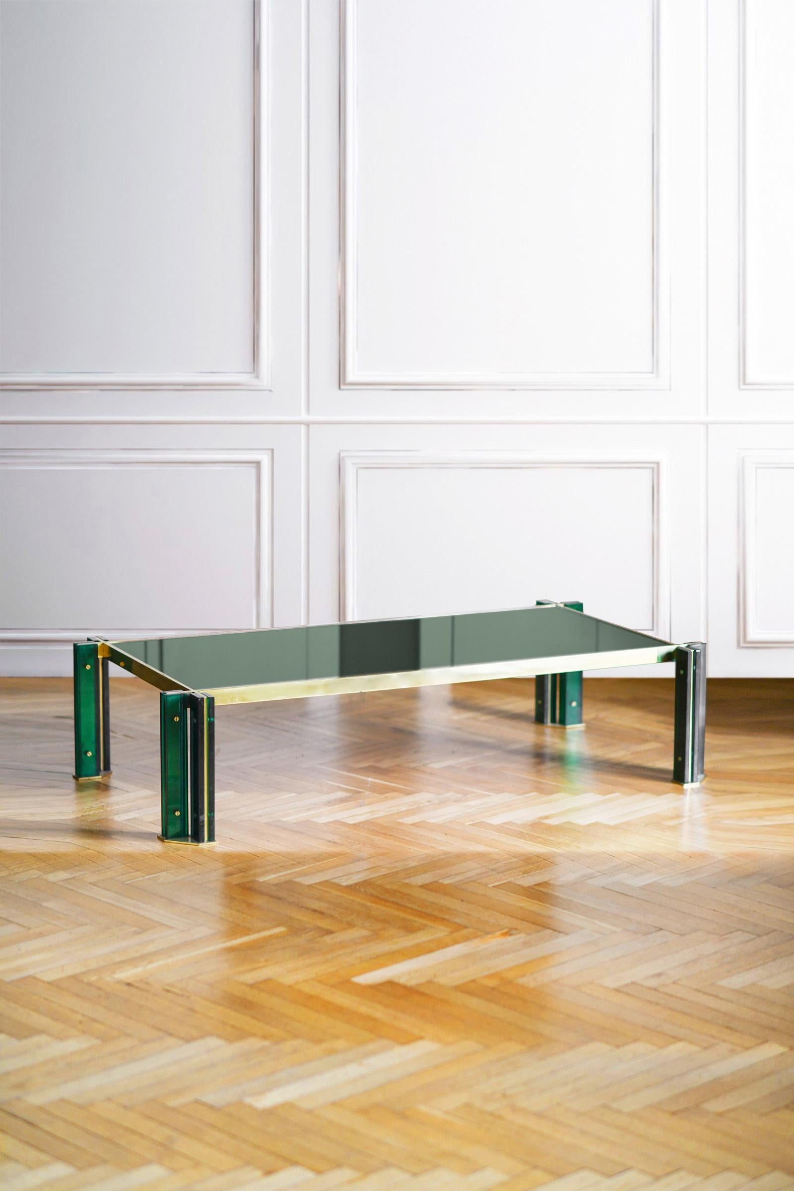 Rectangular Coffee Table 1970s Made of Brass and Green Glass For Sale 1