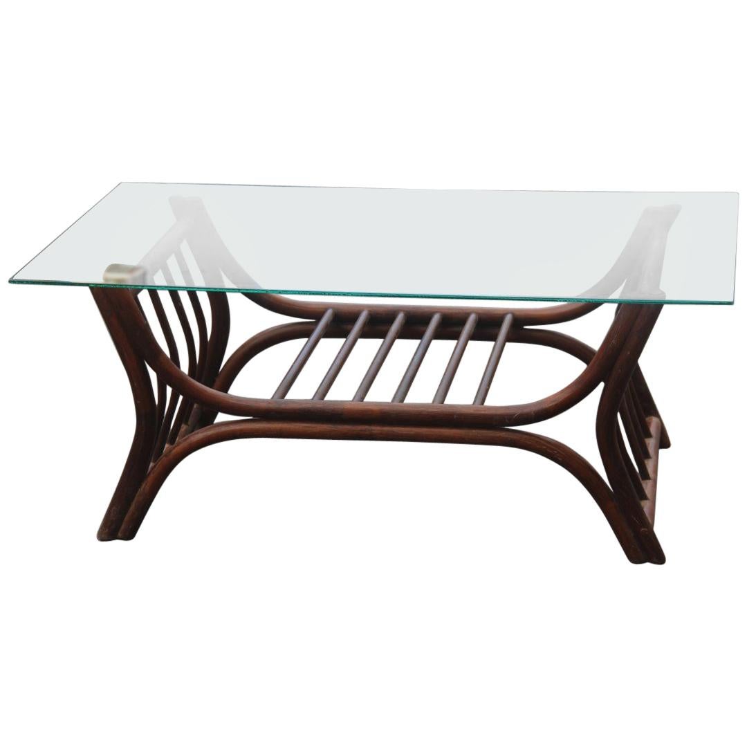 Rectangular Coffee Table in Brown Bamboo Top Glass Italian Design, 1960s