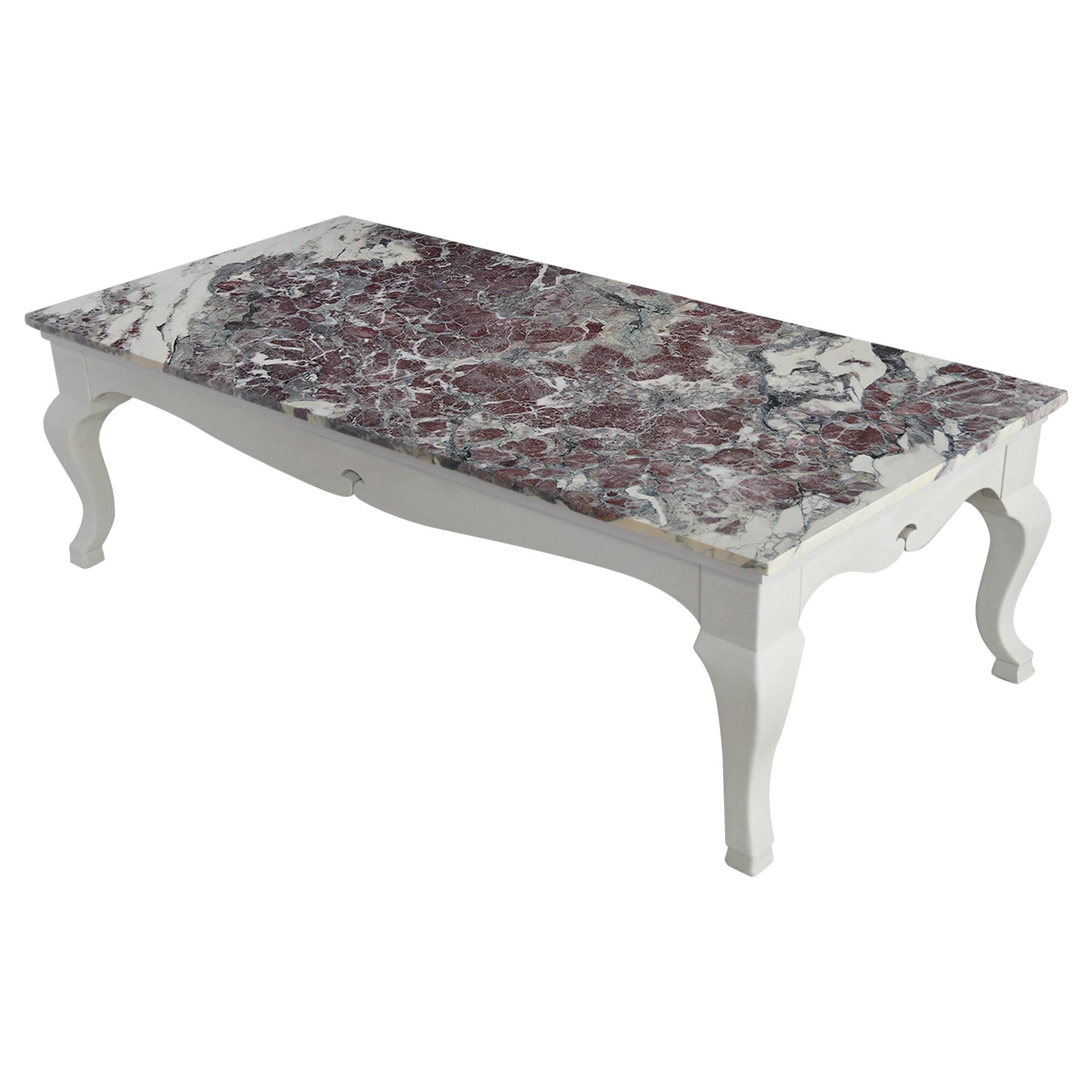 Coffee table red marble top white wood base handmade Italy by Cupioli For Sale