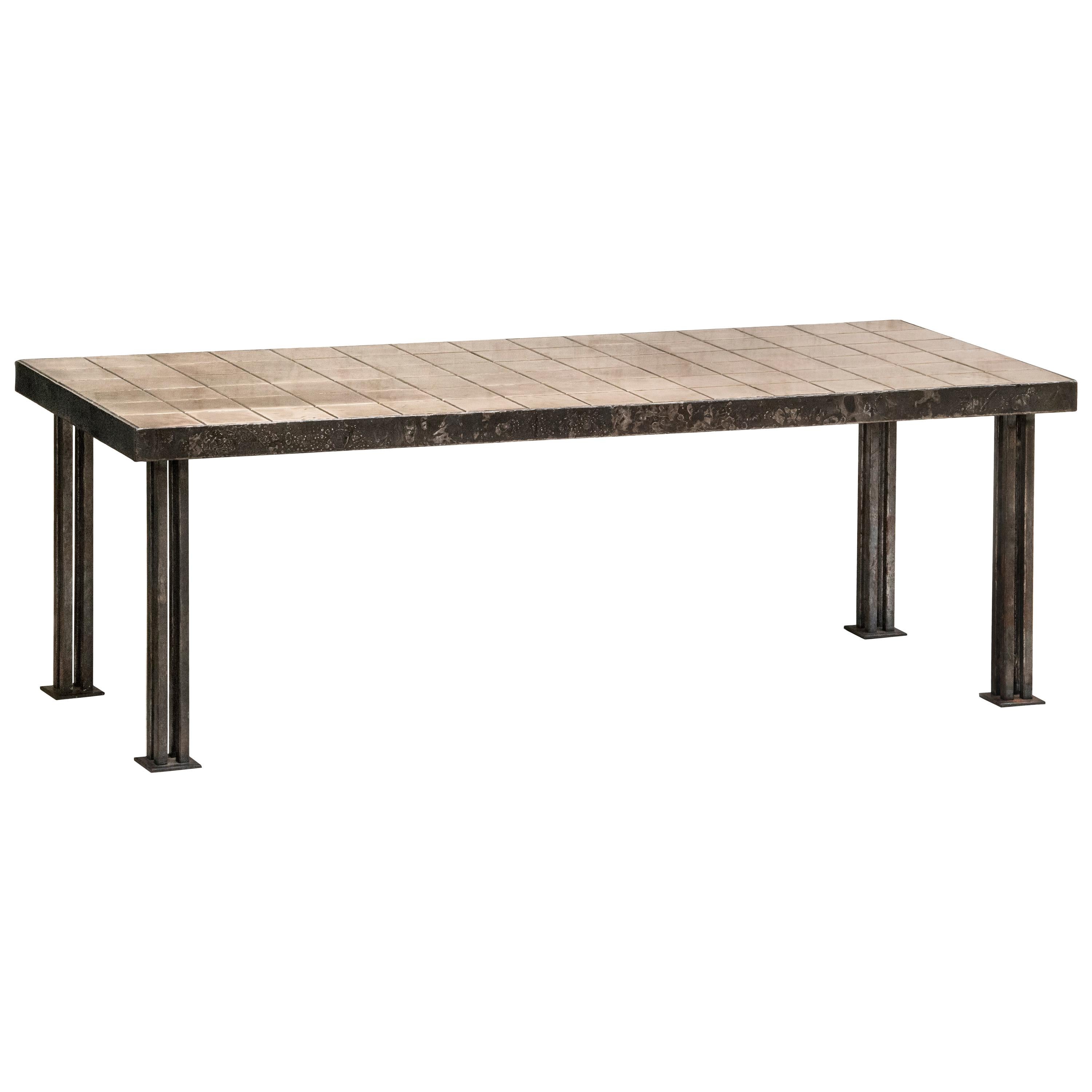 Rectangular Coffee Table Made of Forged Bronze Tiles and Forged Steel Legs For Sale