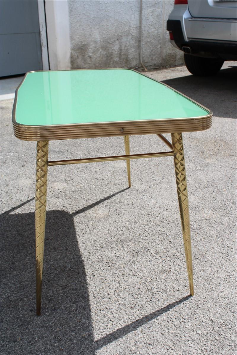 Rectangular Coffee Table Midcentury Italian Design Solid Brass Gold Glass Green For Sale 5