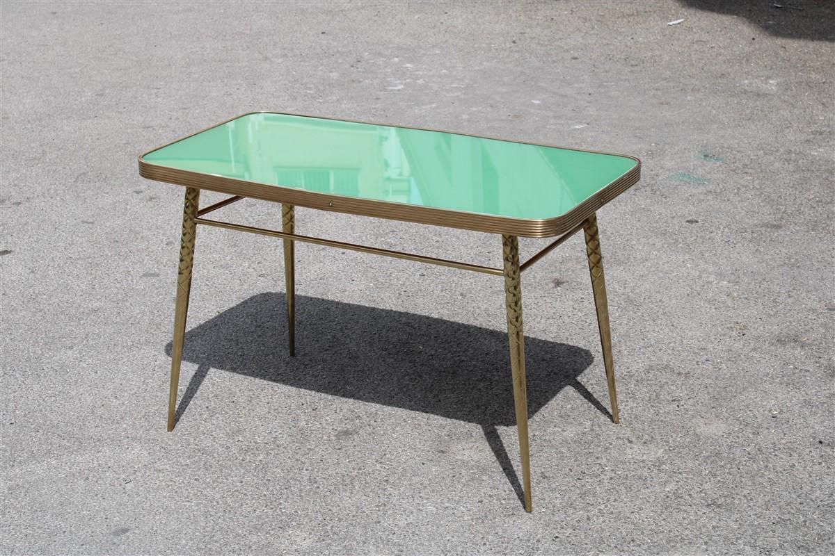 Rectangular coffee table midcentury Italian design solid brass gold glass green.