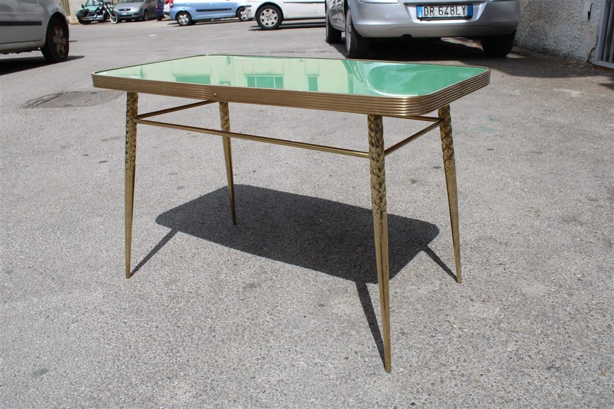 Mid-20th Century Rectangular Coffee Table Midcentury Italian Design Solid Brass Gold Glass Green For Sale