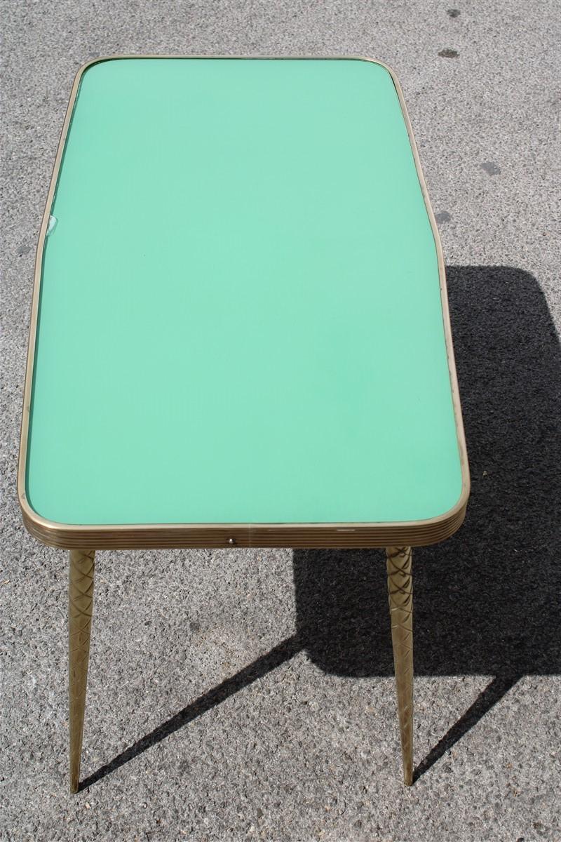 Rectangular Coffee Table Midcentury Italian Design Solid Brass Gold Glass Green For Sale 3