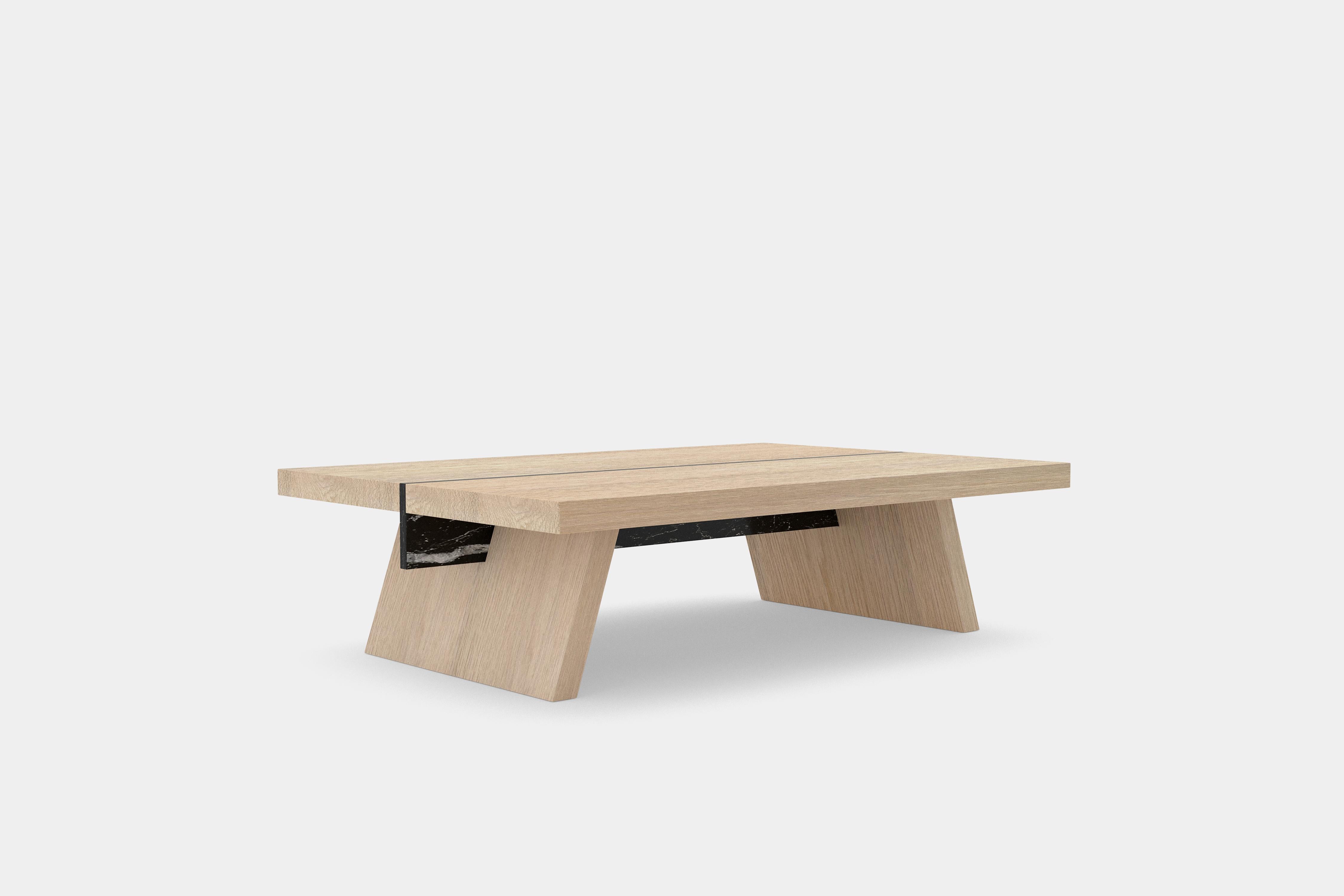 Mexican Laws of Motion Rectangular Coffee Table in Oak Solid Wood and Marble by NONO