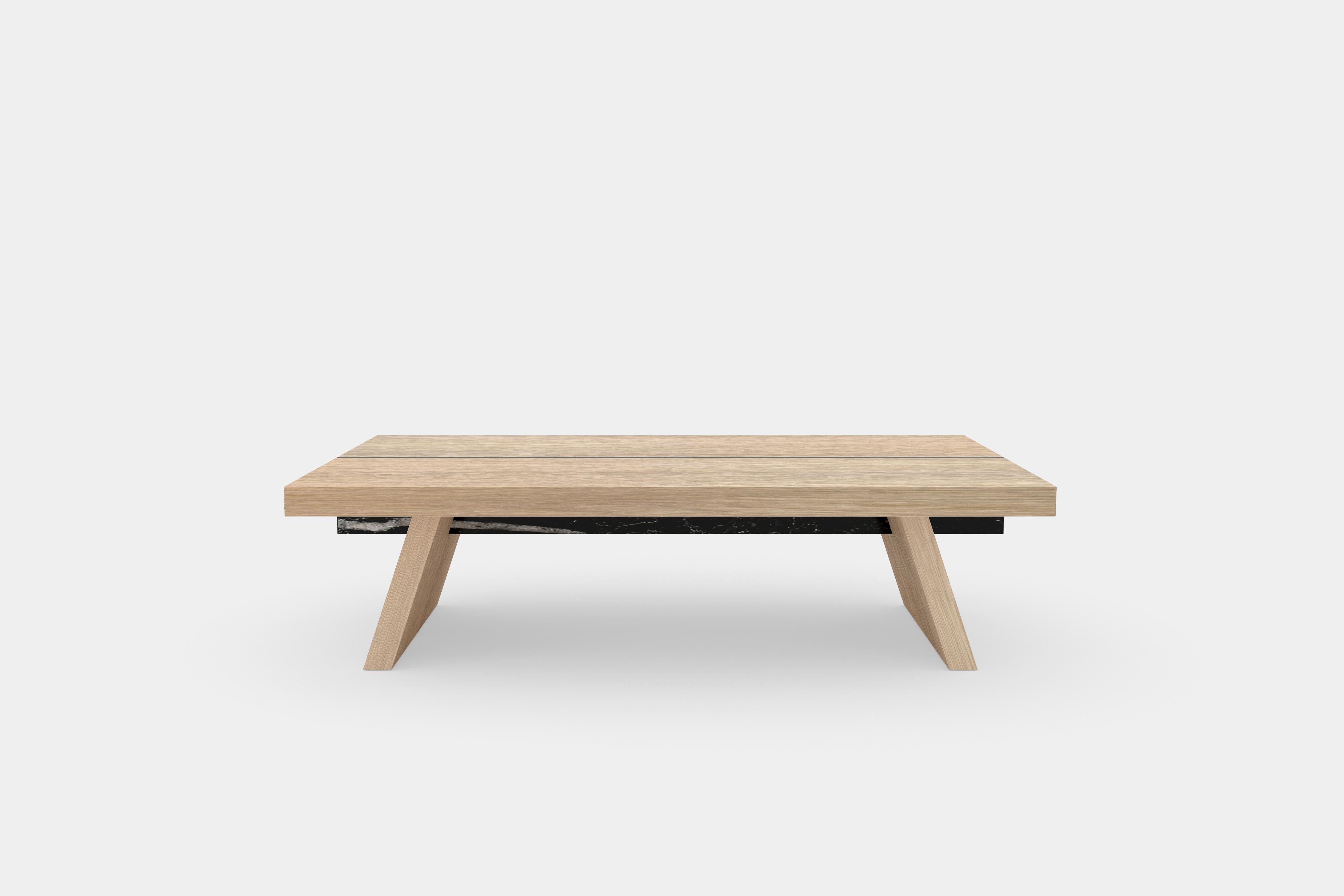 Contemporary Laws of Motion Rectangular Coffee Table in Oak Solid Wood and Marble by NONO