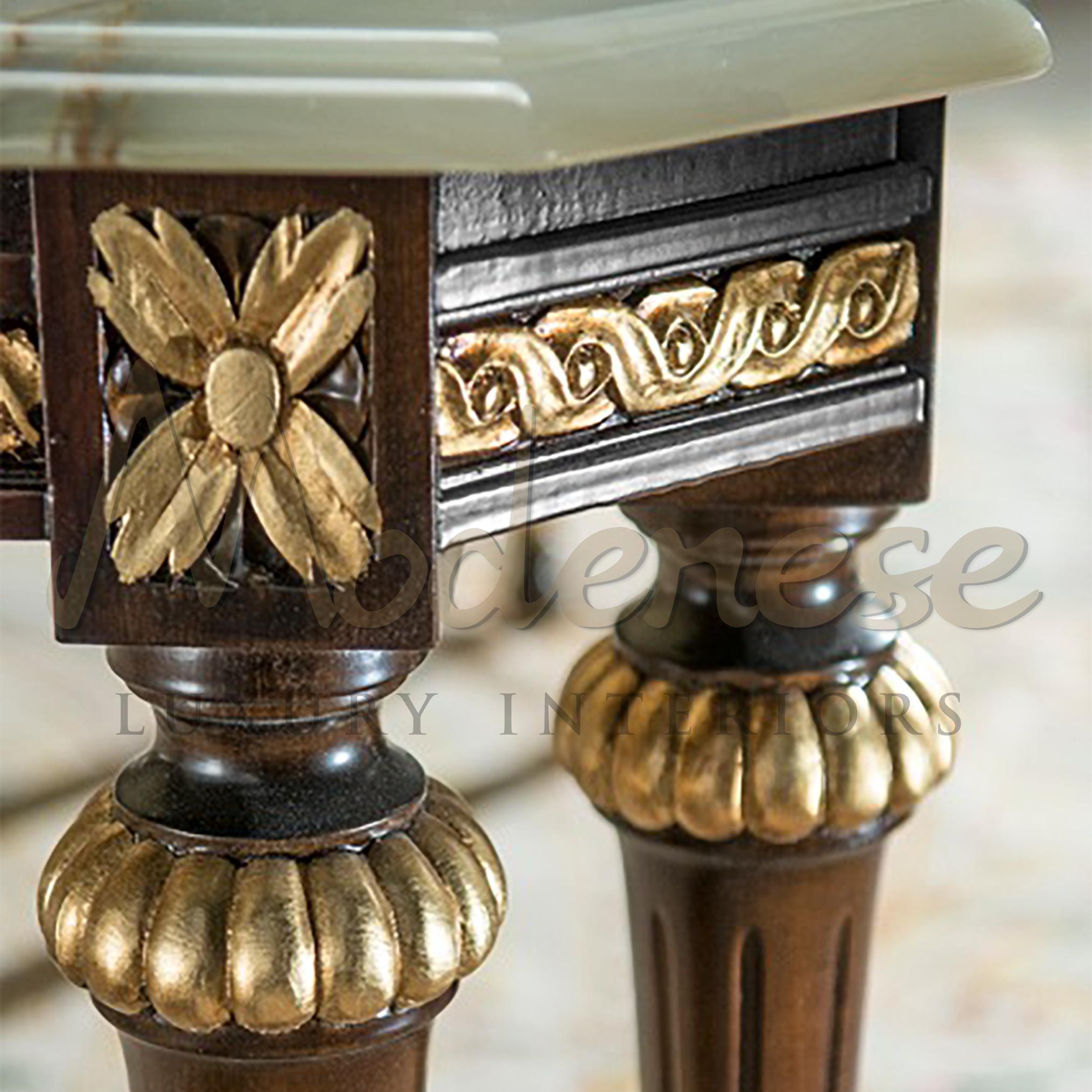 A decorative complementary item that will make the difference, this square coffee table is not for everyone. Green beveled marble top, eight empire-style legs and walnut finish with gold leaf applications all over the carvings. So many secret