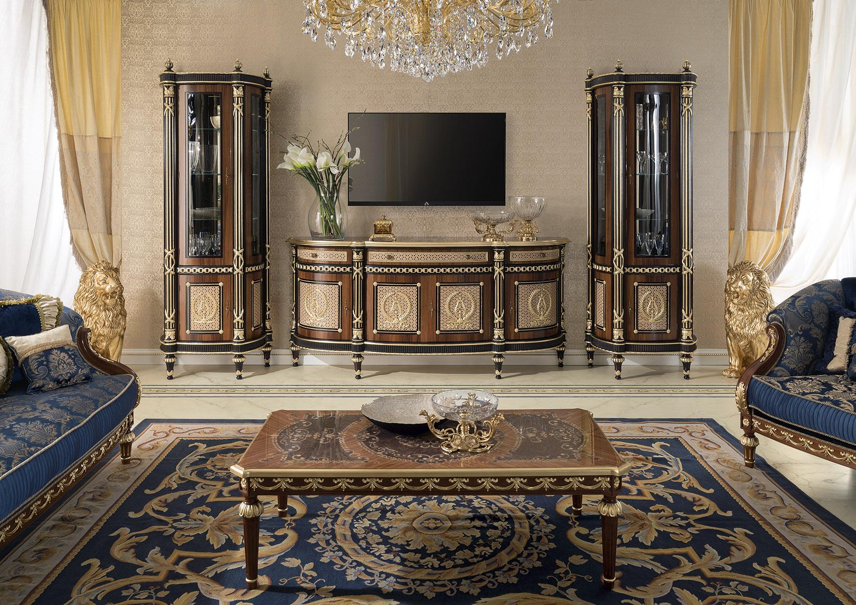 Modenese Gastone is specialized in providing the highest quality standards to its VIP clients. This low coffee table features a hand-inlaid top surface that expresses the finesse of the brand's skilled artisans. Such a piece is most suitable in