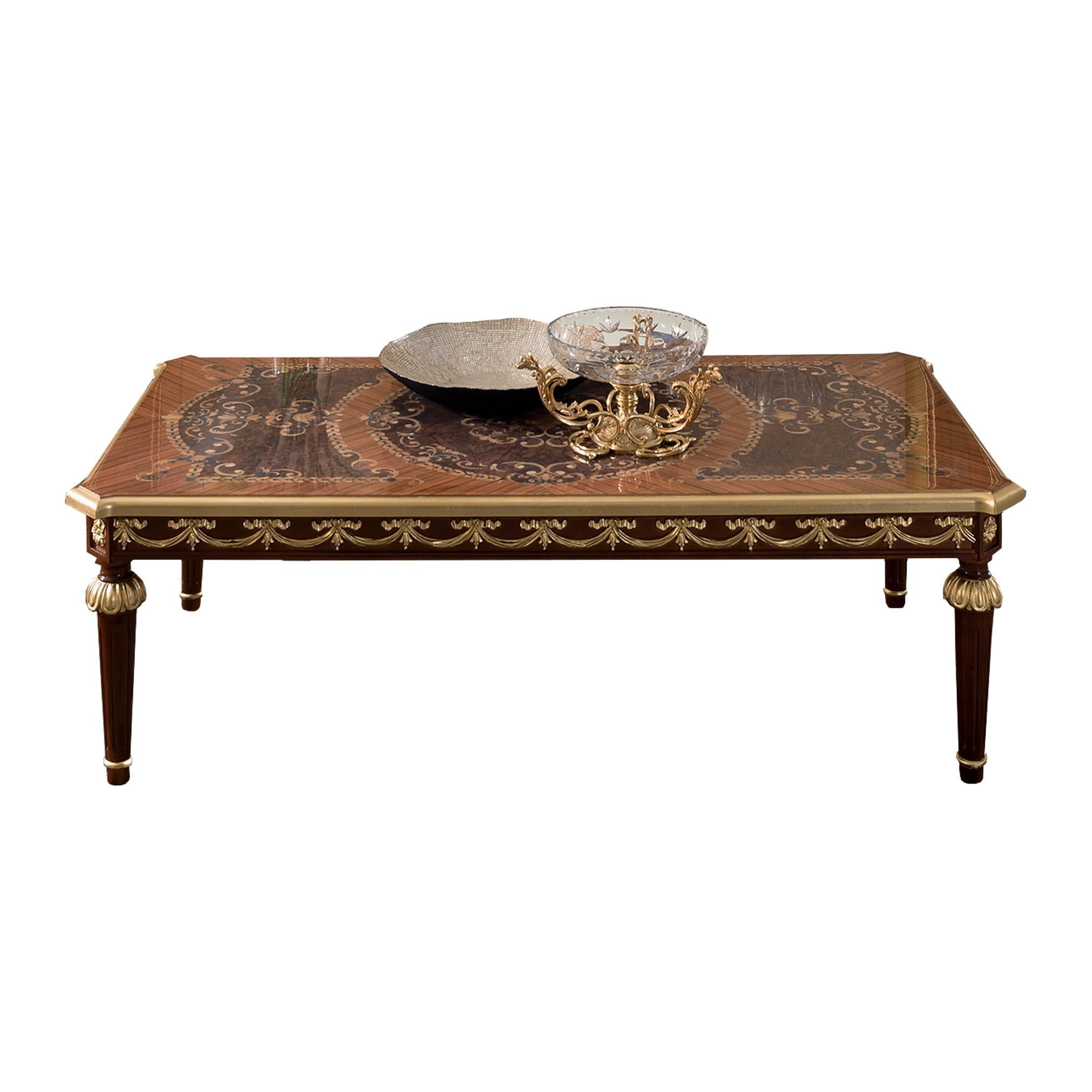 Hand-Painted Rectangular Coffee Table with Inlaid Top + Gold Leaf Finish, Made in Italy For Sale