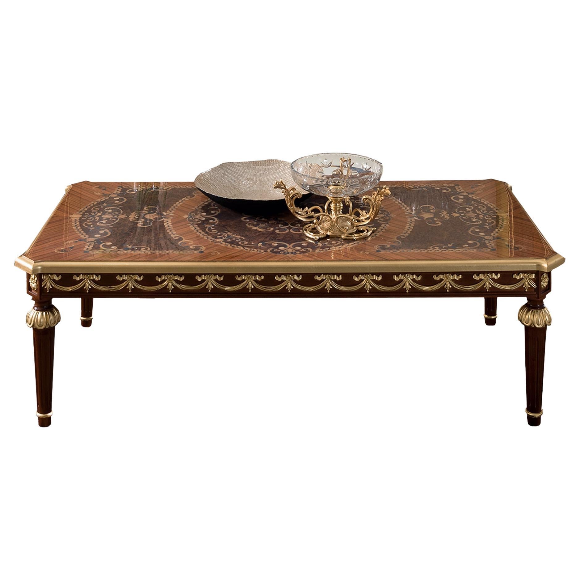 Rectangular Coffee Table with Inlaid Top + Gold Leaf Finish, Made in Italy For Sale