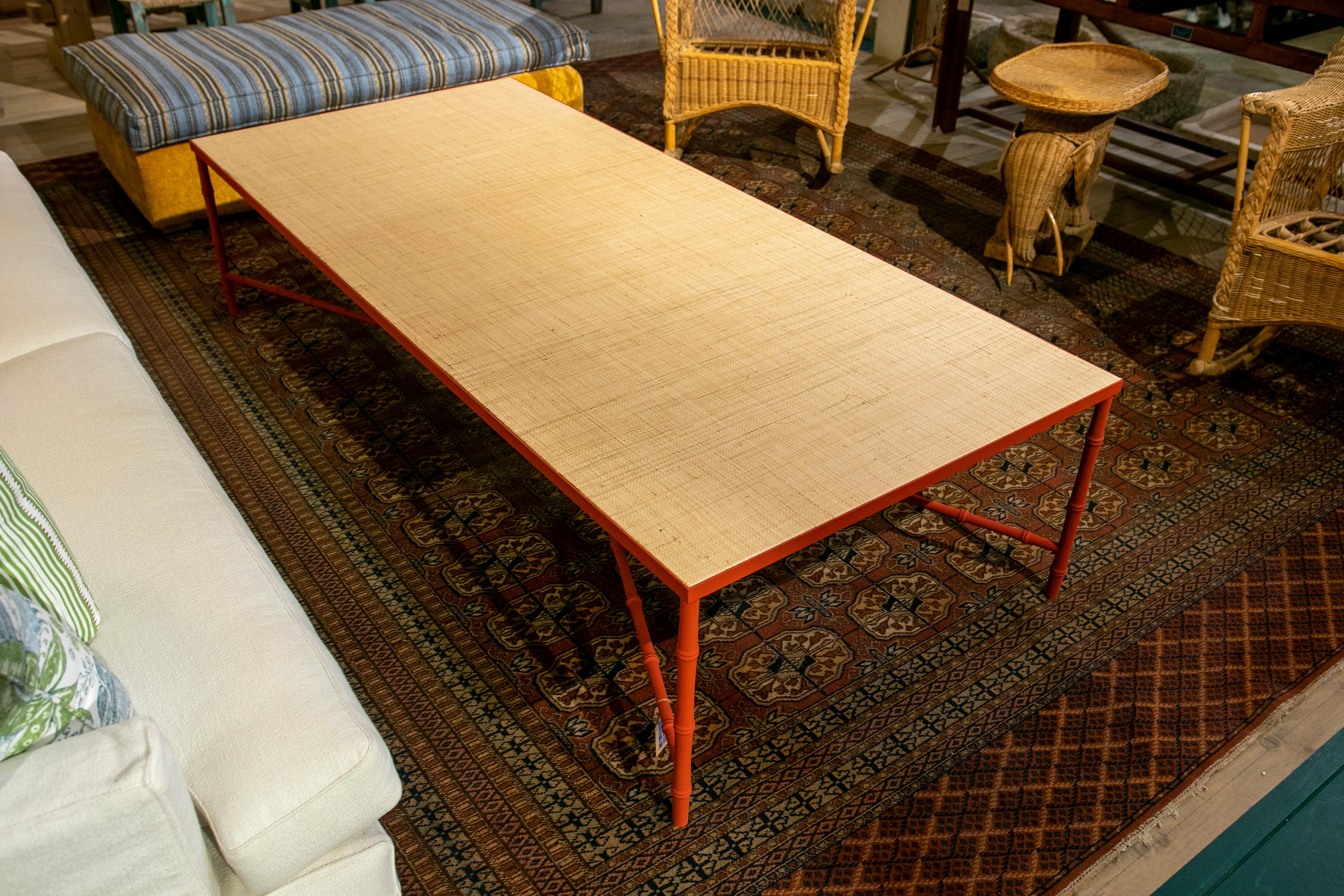 Rectangular Coffee Table with Iron Base Imitating Bamboo and Raffia Top 9