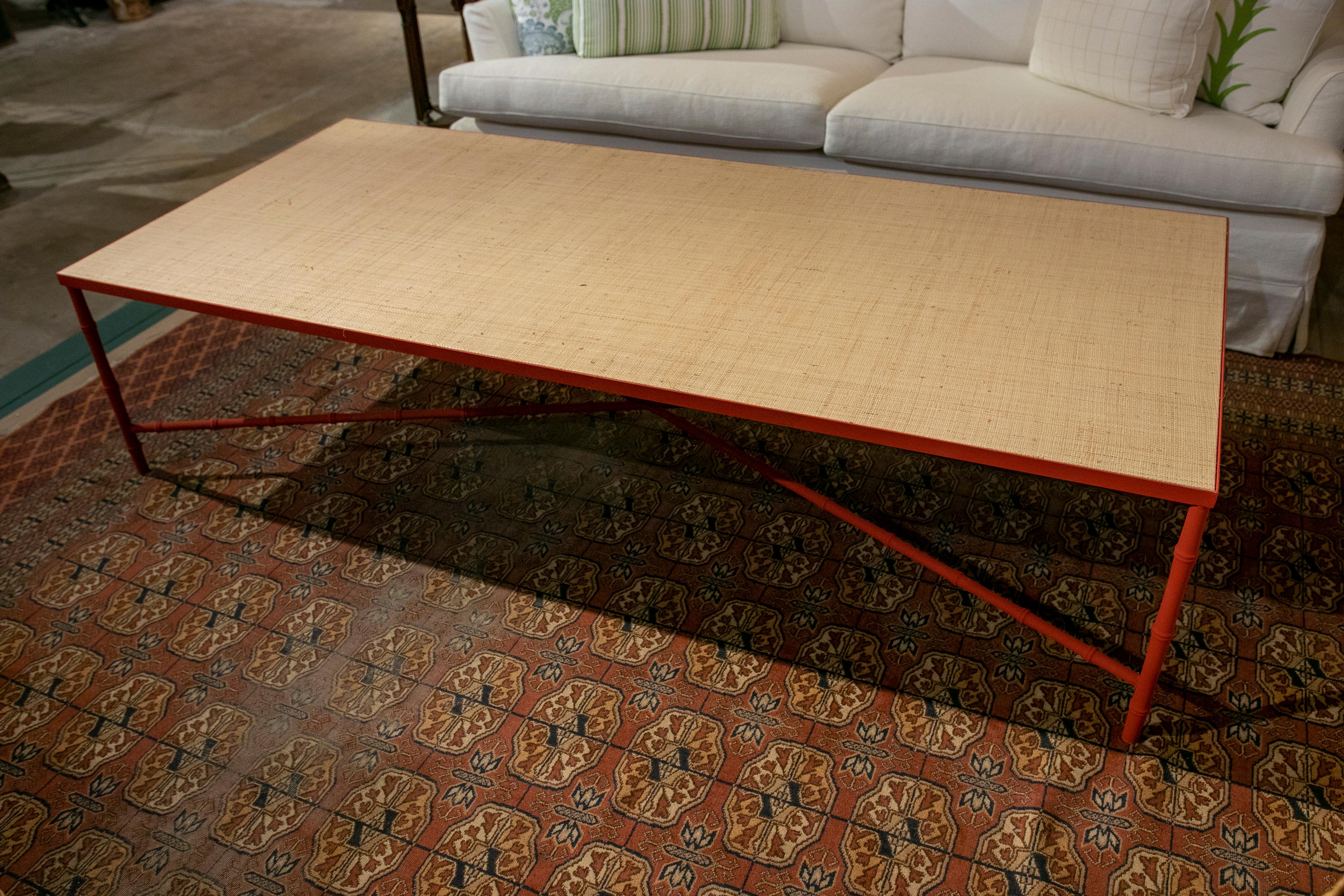 Rectangular Coffee Table with Iron Base Imitating Bamboo and Raffia Top 2