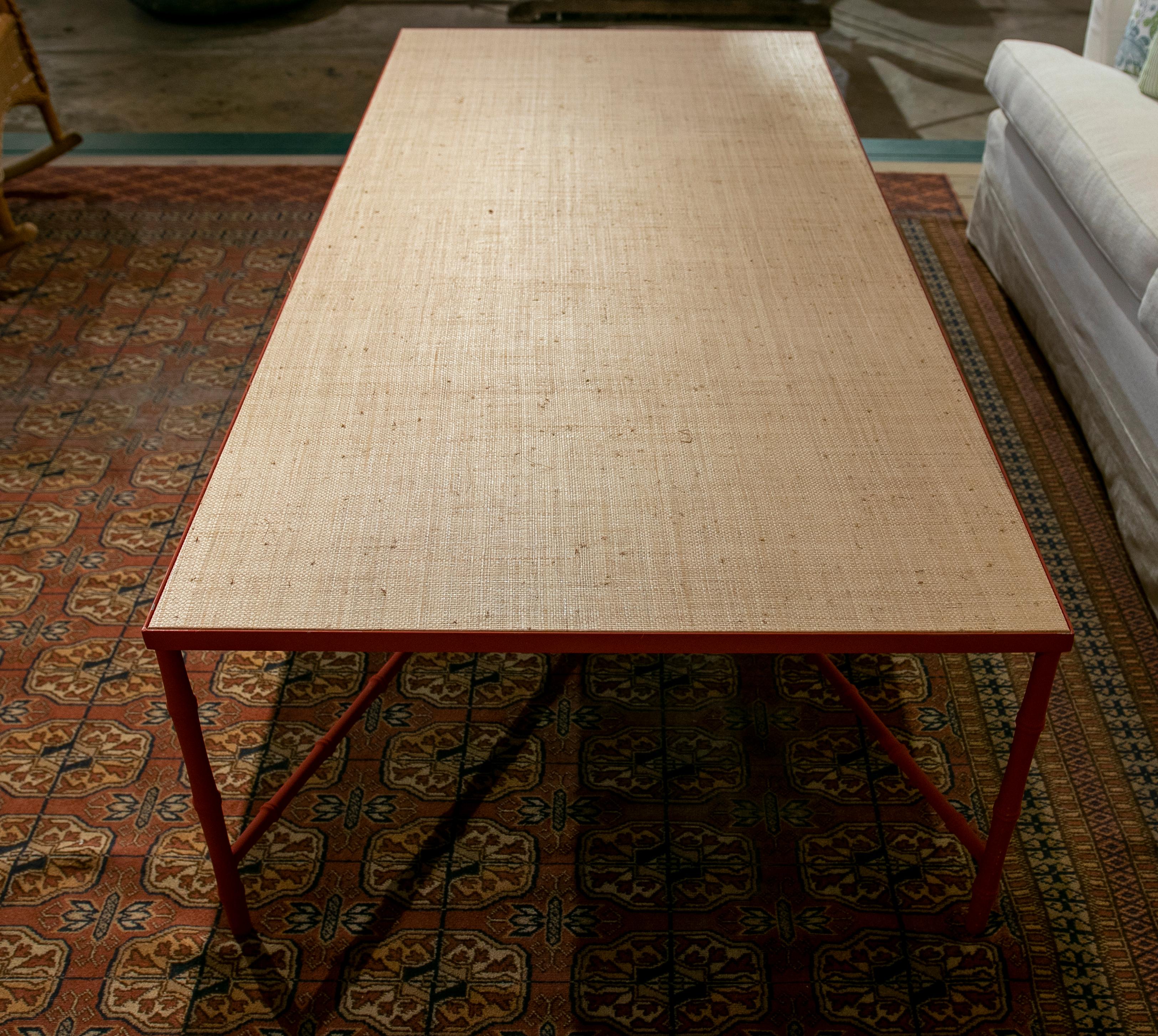 Rectangular Coffee Table with Iron Base Imitating Bamboo and Raffia Top 4
