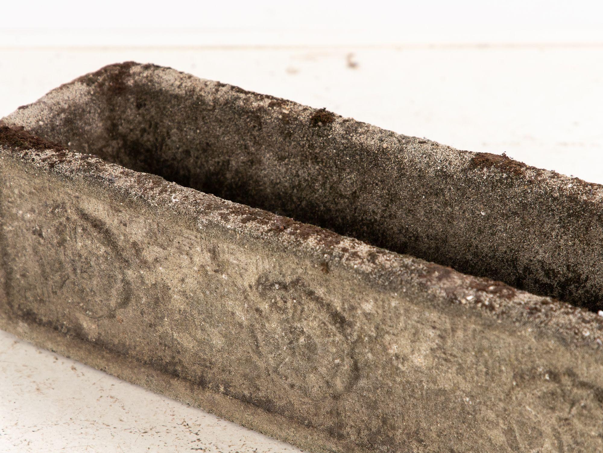 English Rectangular Concrete Stone Planter with Tudor Rose Pattern, England mid 20th C. For Sale