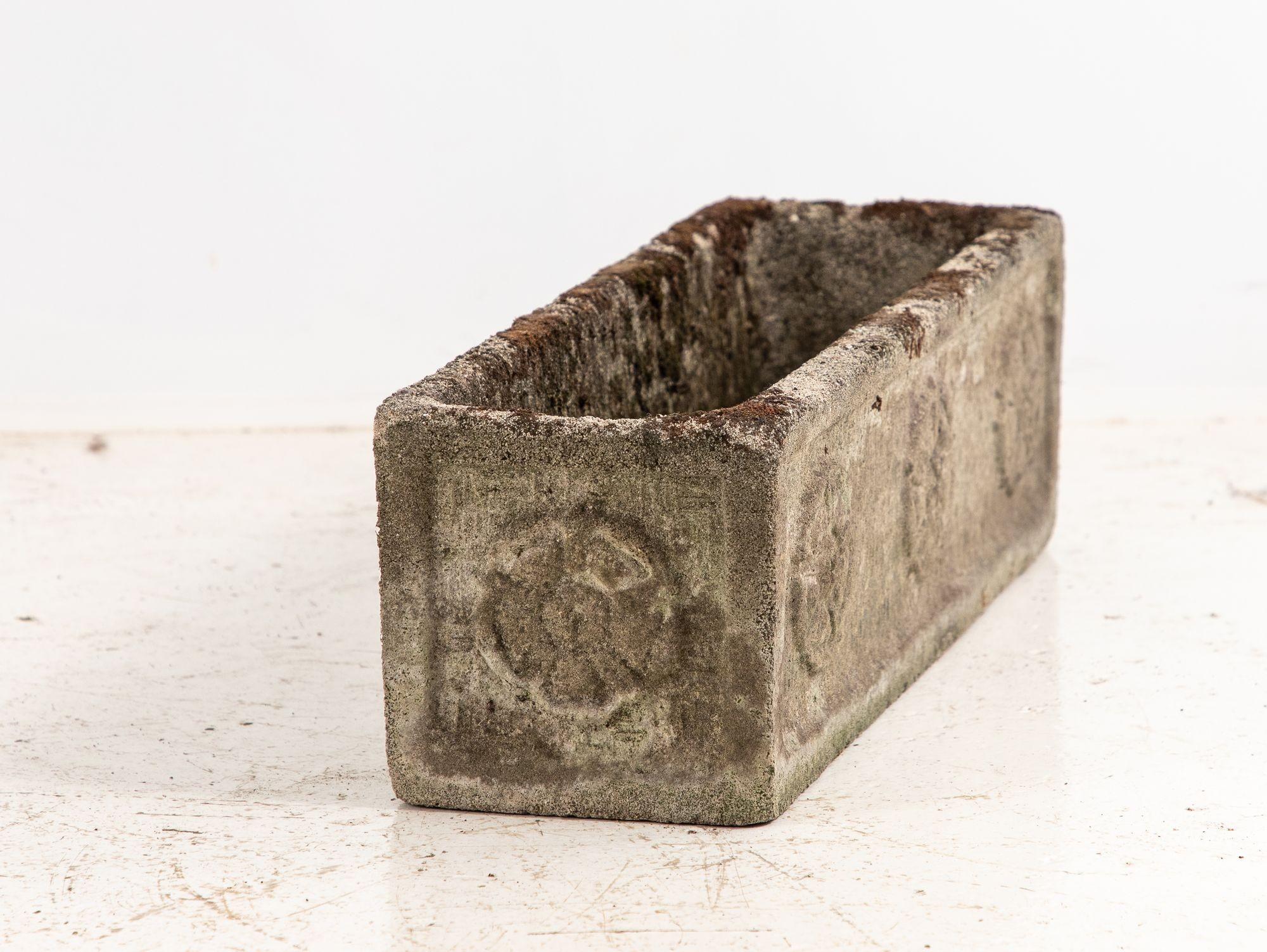 English Rectangular Concrete Stone Planter with Tudor Rose Pattern, England mid 20th C. For Sale