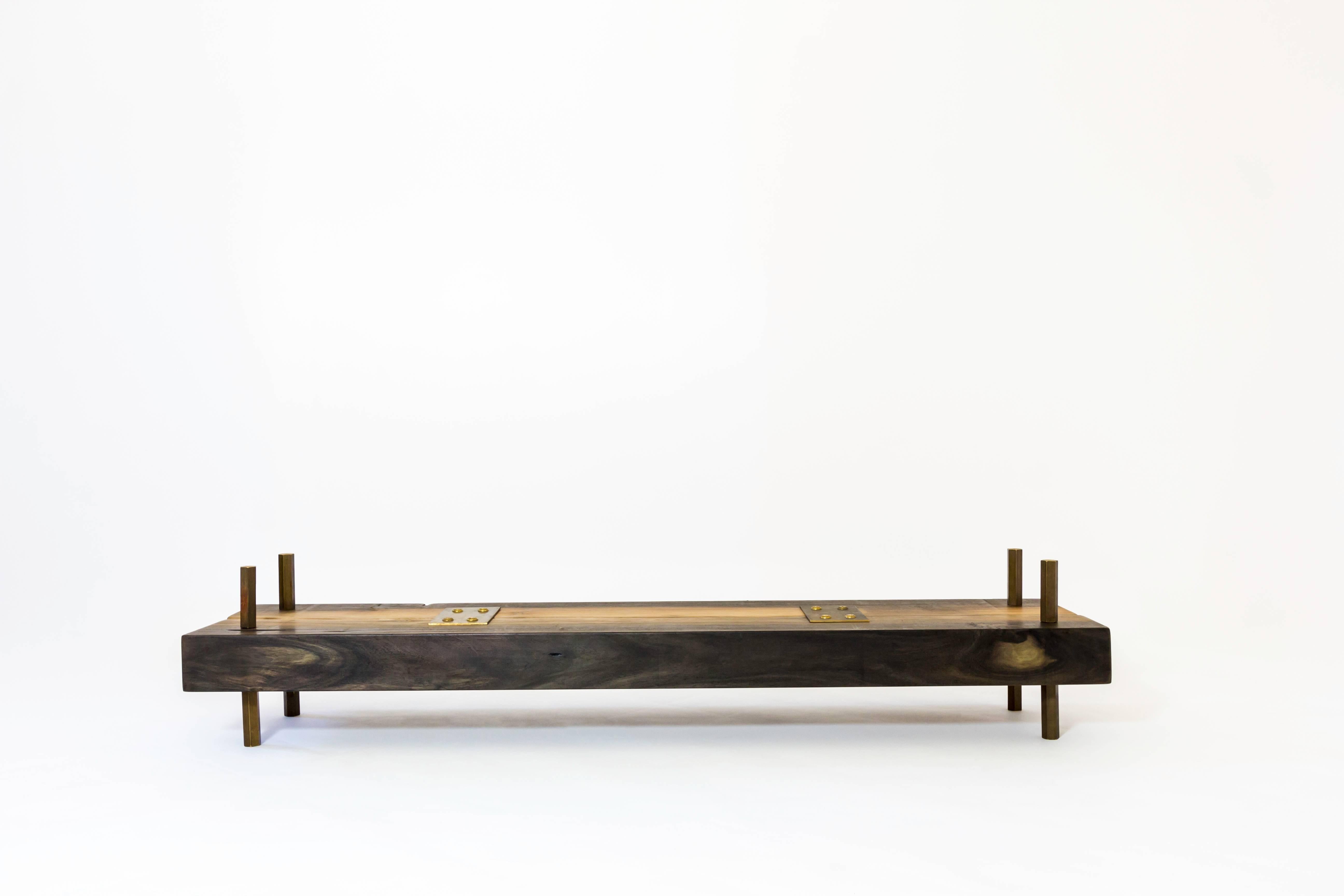Rectangular Connection of Mahoe Wood, Brass Legs & Glass Cocktail, Coffee Table 1