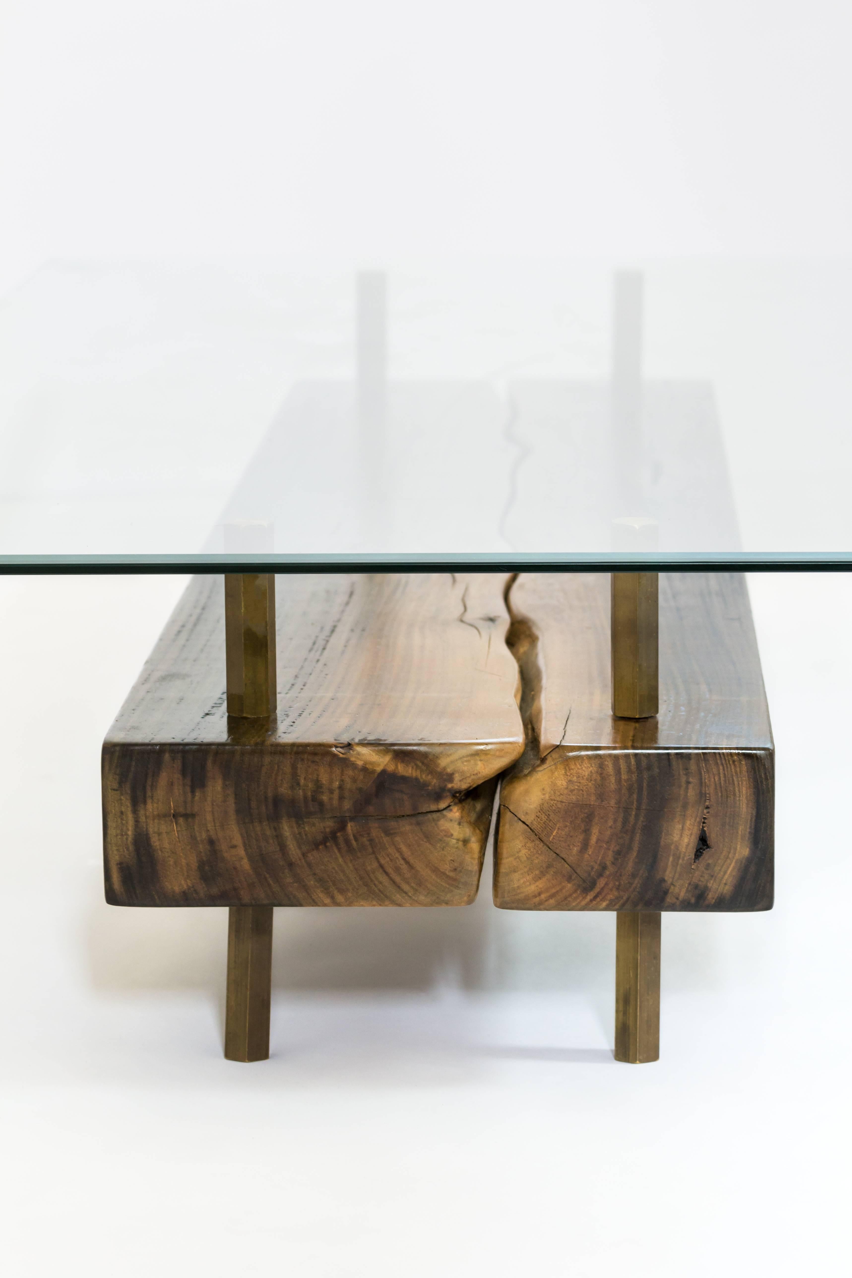 Puerto Rican Rectangular Connection of Mahoe Wood, Brass Legs & Glass Cocktail, Coffee Table