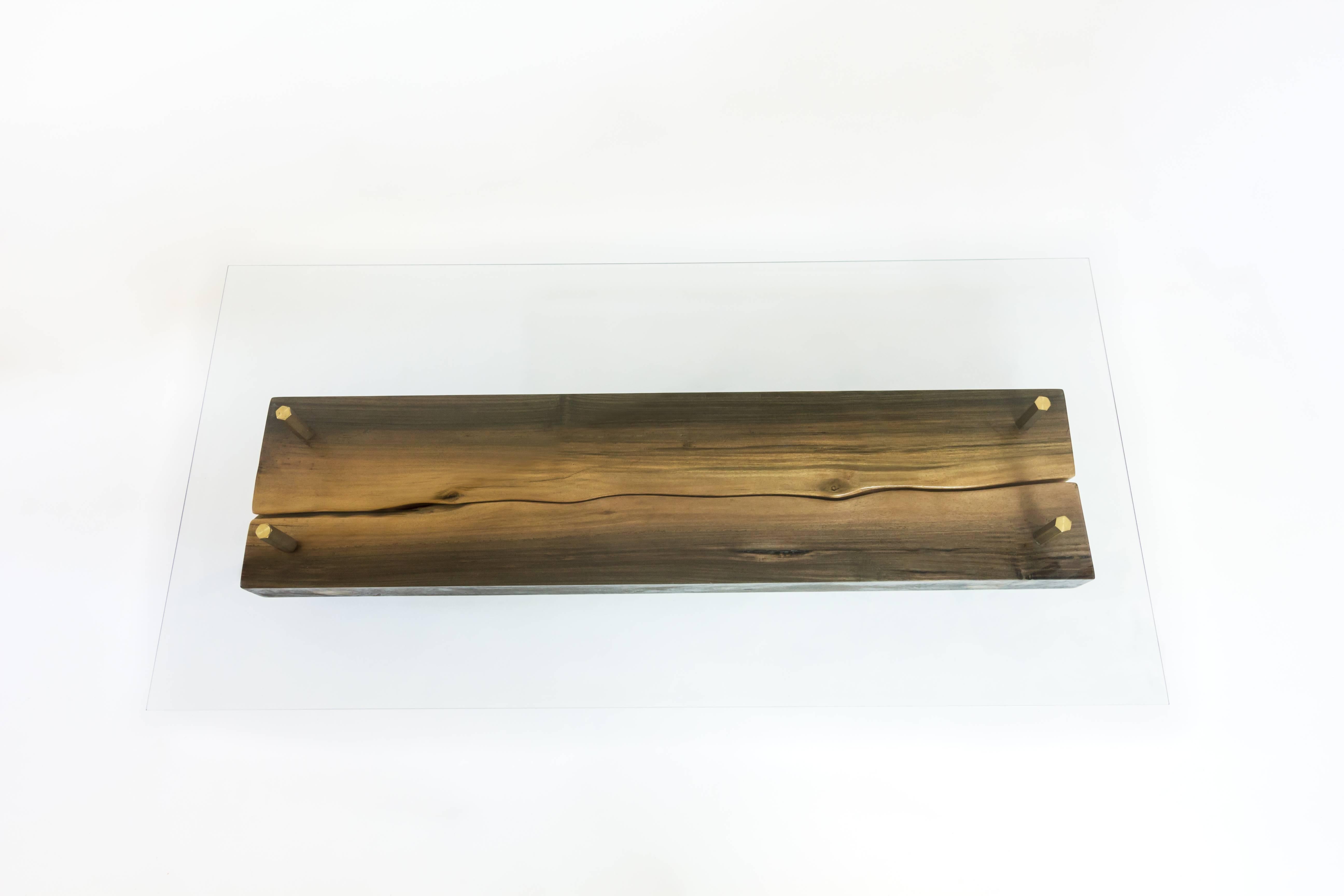 Contemporary Rectangular Connection of Mahoe Wood, Brass Legs & Glass Cocktail, Coffee Table