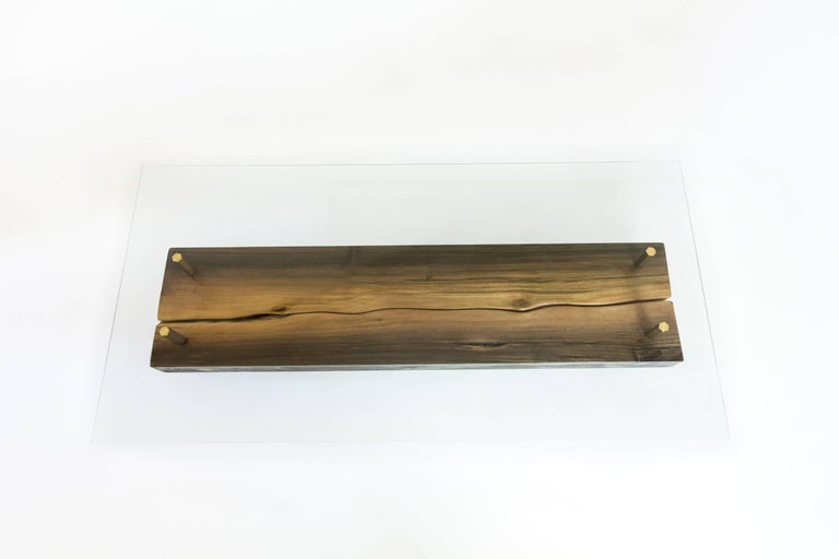 Rectangular Connection of Mahoe Wood, Brass Legs and Glass ...