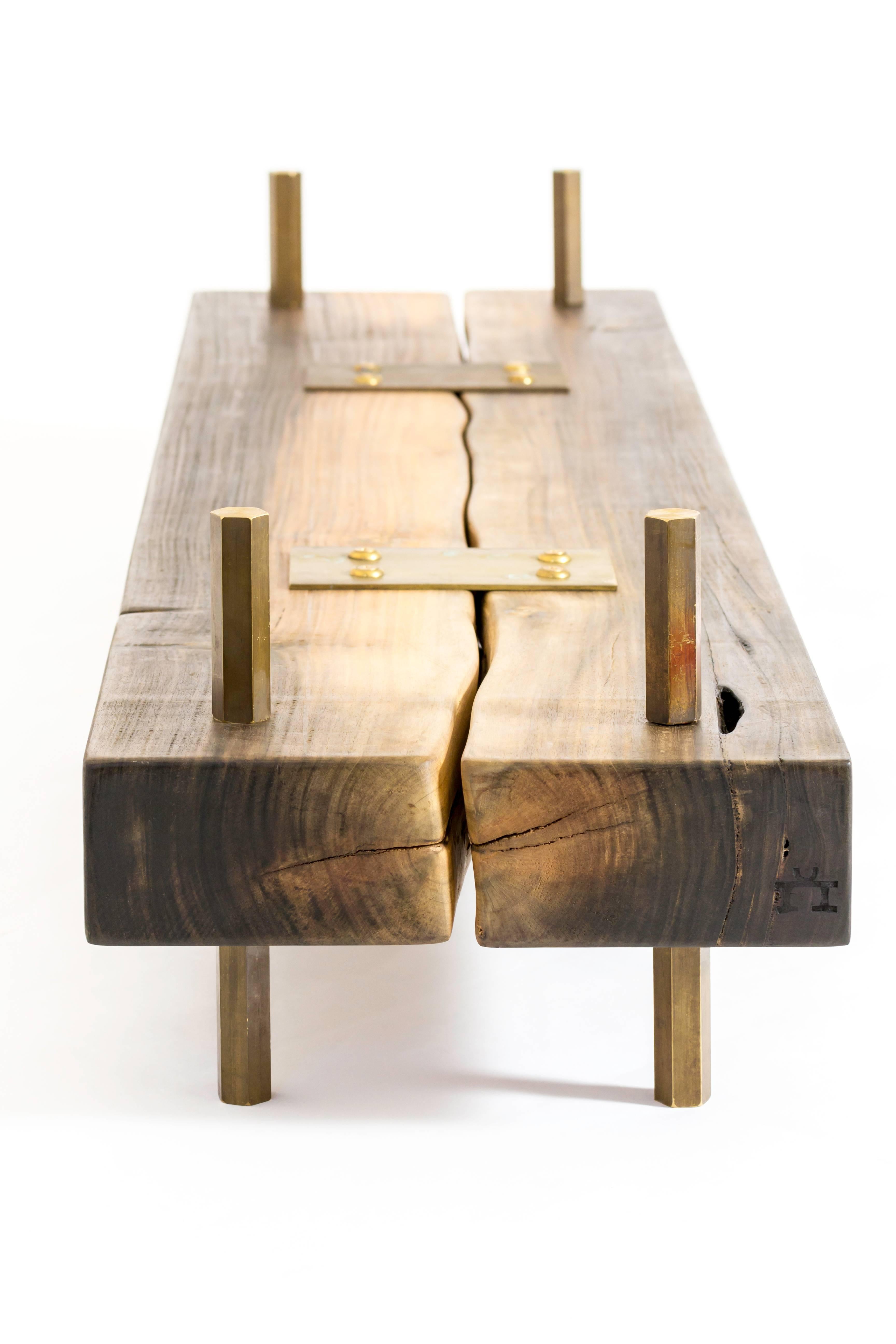 Reclaimed Wood Rectangular Connection of Mahoe Wood, Brass Legs & Glass Cocktail, Coffee Table