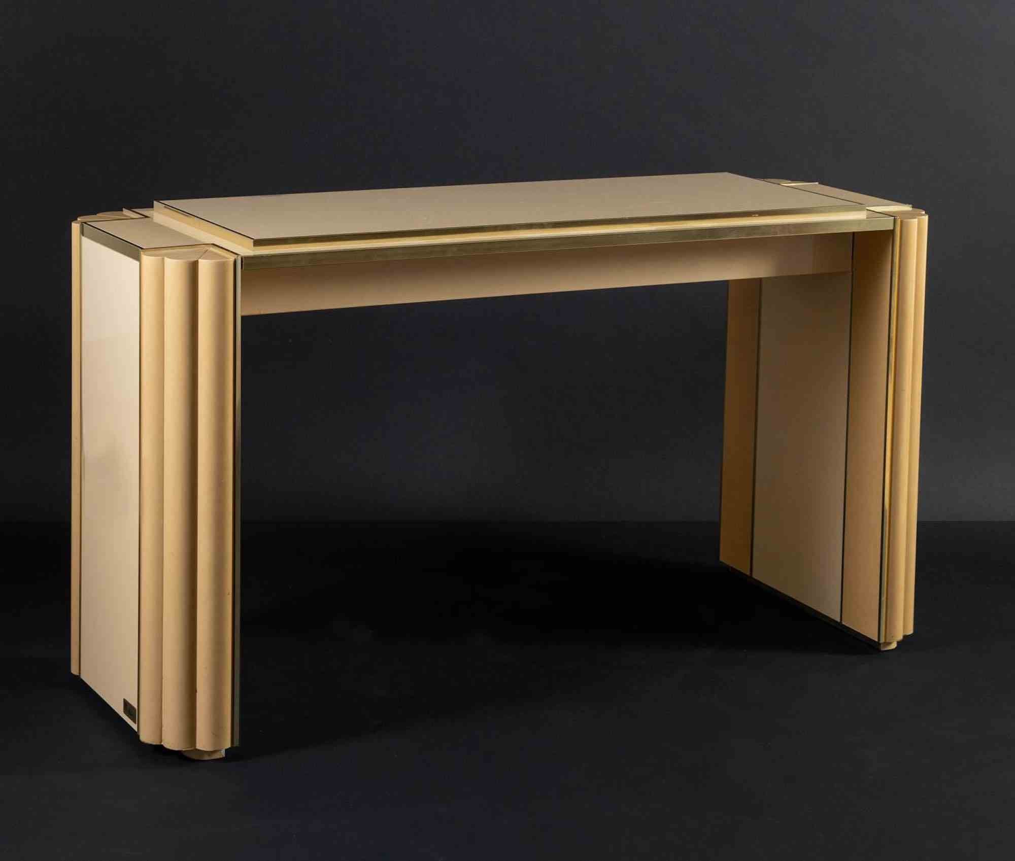 Rectangular console by Alain Delon for Maison Jansen,  1970s.

Lacquered with brass profiles, it bears a plate with the designer's signature.

H.: cm 74 x 138 x 50. 

Ref. Sabot Original Catalog - Manzano (Udine), distributor in Italy.   

Good