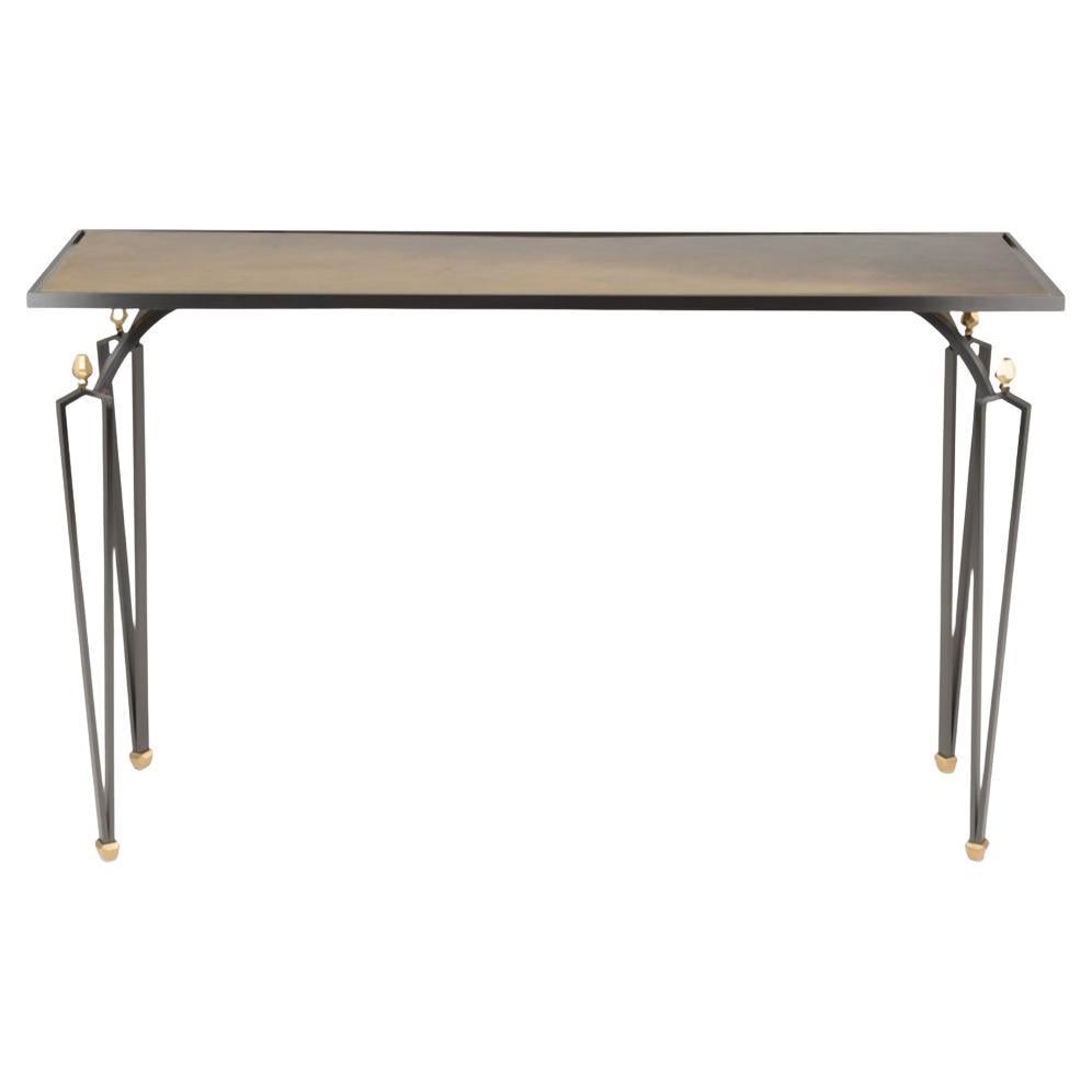 Rectangular console table in steel and brass. Contemporary work. For Sale