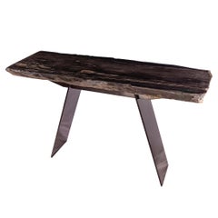 Rectangular Console Table, Natural Organic Shape, Petrified Wood with Metal Base