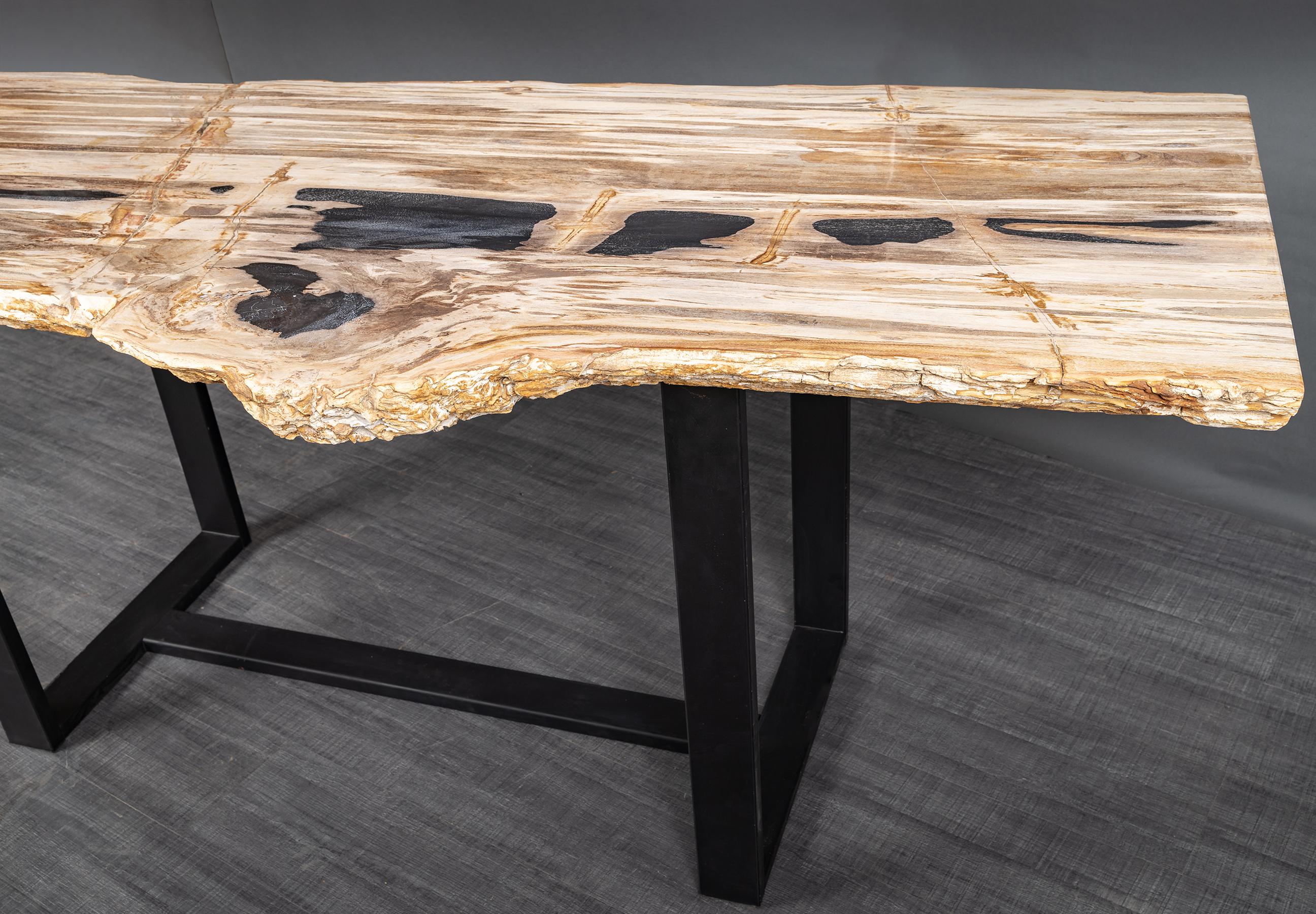 Organic Modern Rectangular Console Table, Natural Organic Shape, Petrified Wood with Metal Base For Sale
