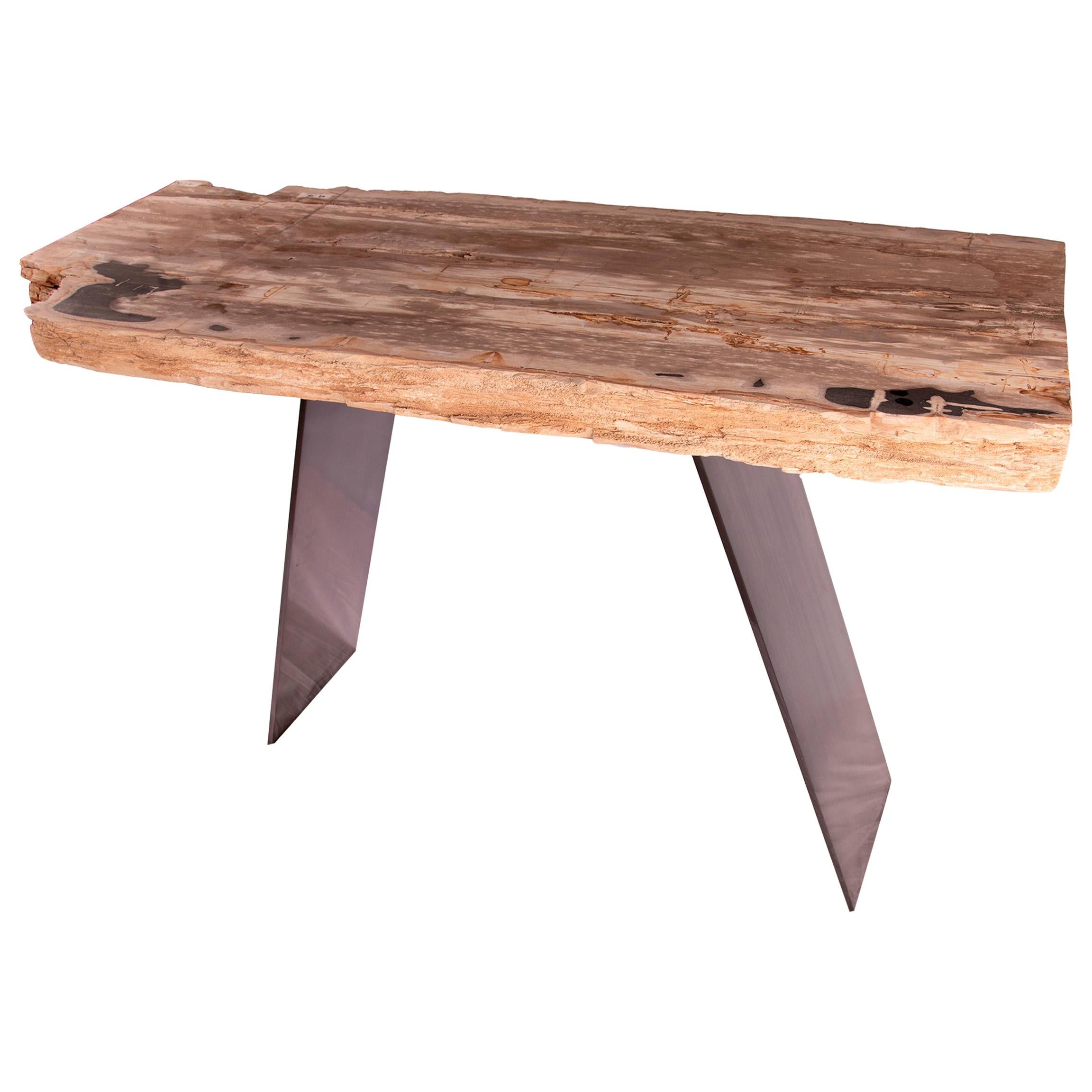 Konsole aus versteinertem Holz mit originalem Metallsockel im Angebot