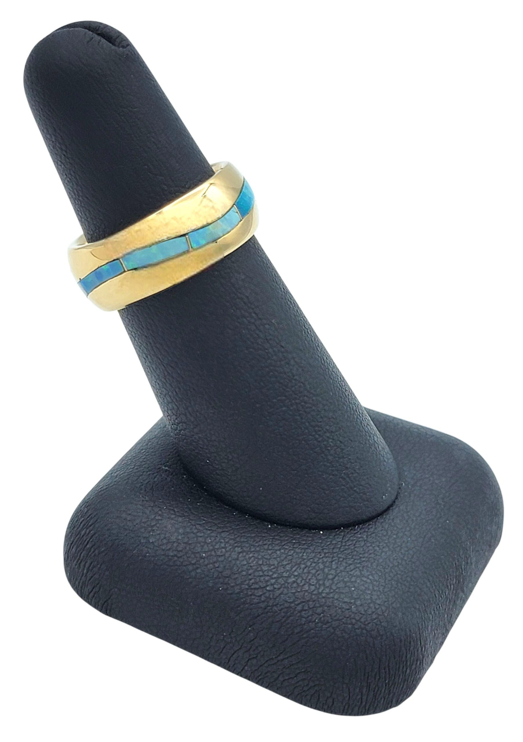 Bague d'éternité en or jaune 14 carats avec incrustation d'opale rectangulaire et incurvée en vente 4