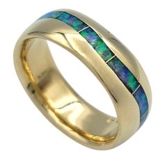 Rectangular Curve Cut Opal Inlay Eternity Band Ring in 14 Karat Yellow Gold