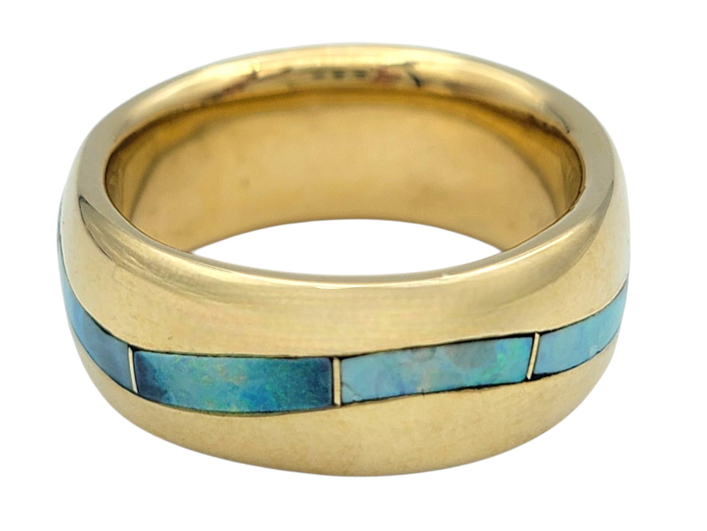 Bague d'éternité en or jaune 14 carats avec incrustation d'opale rectangulaire et incurvée Unisexe en vente