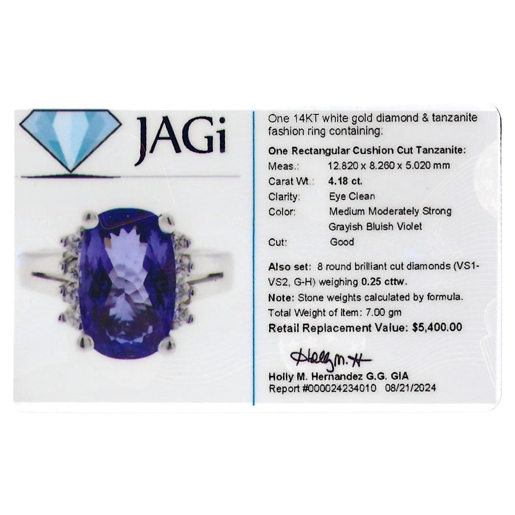 Anello rettangolare con tanzanite taglio cuscino e diamanti incastonati in oro bianco 14 carati in vendita 6