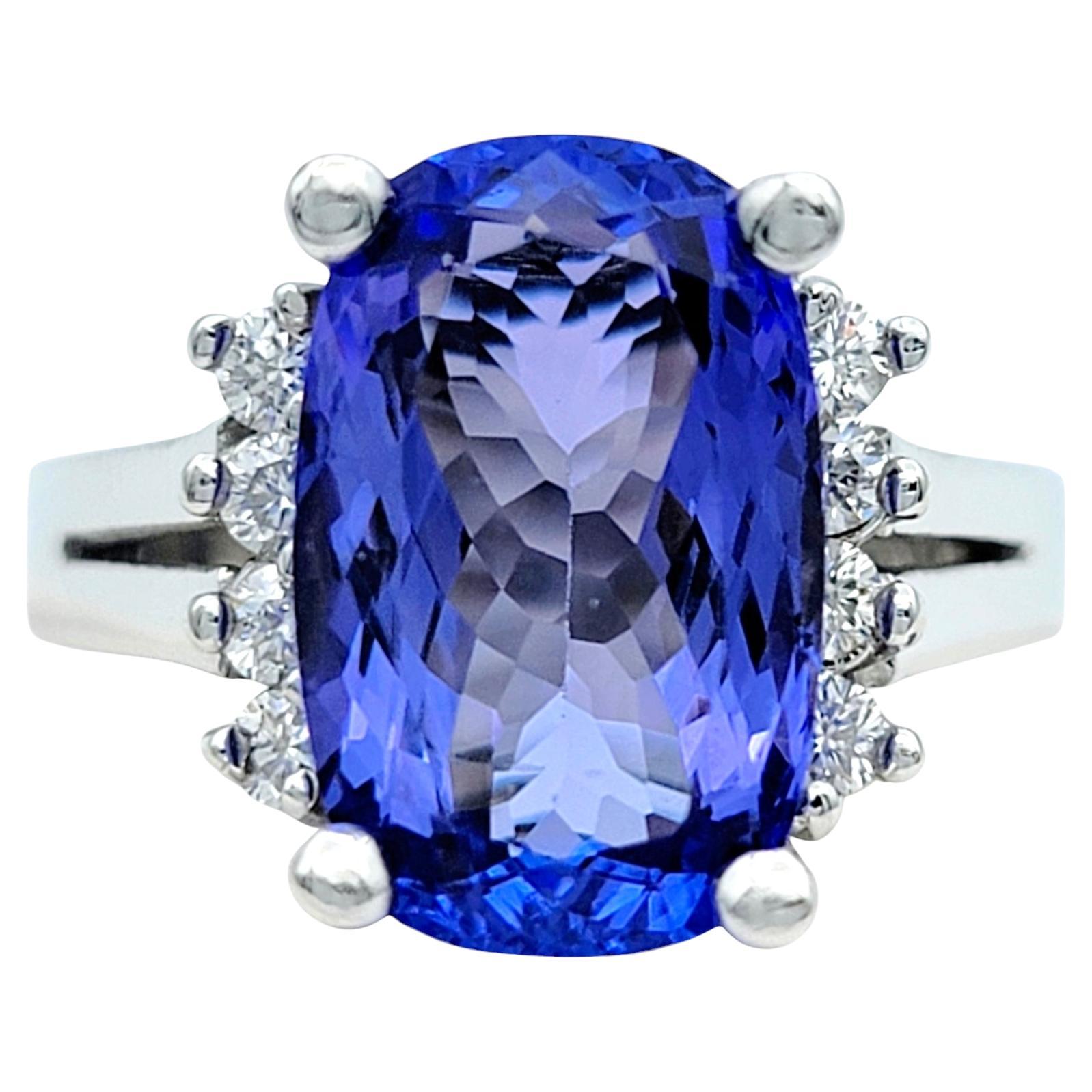 Rectangular Cushion Cut Tanzanite Ring with Diamonds Set in 14 Karat White Gold