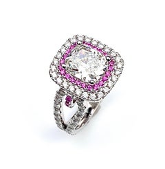 Rectangular Cushion Diamond Engagement Ring with Diamond and Pink Sapphire Halo