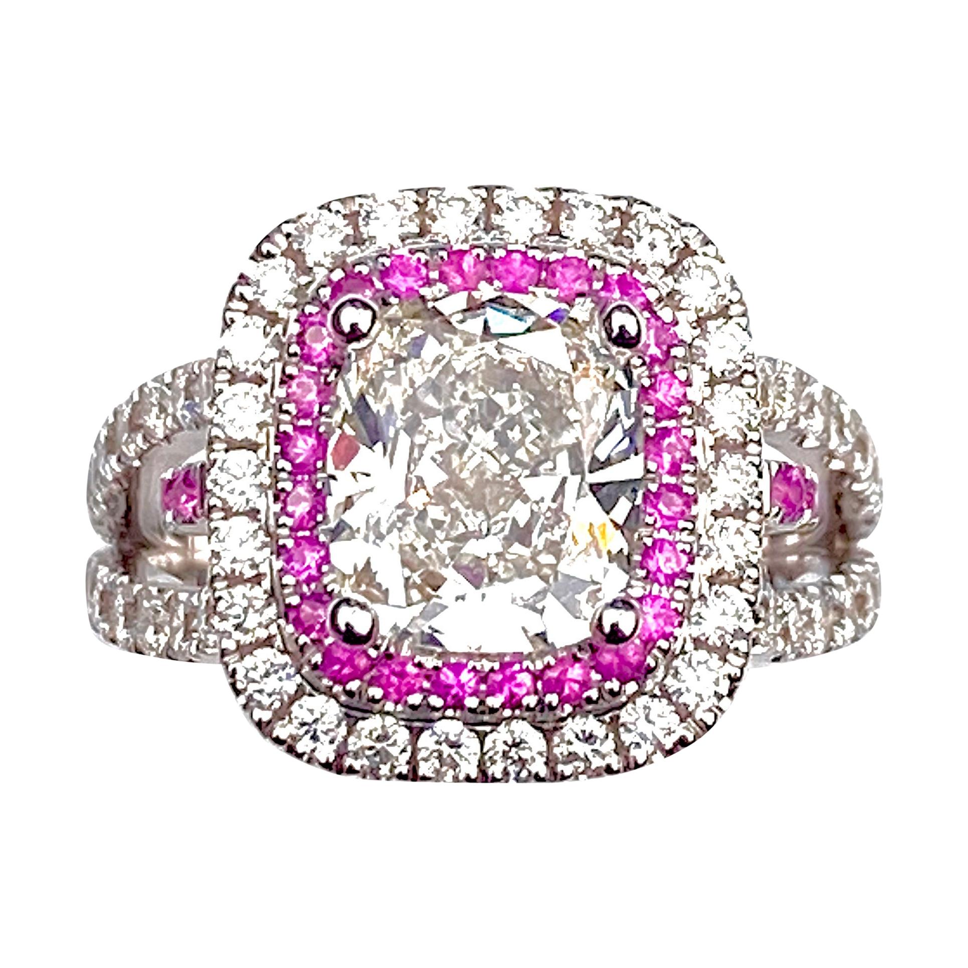 Rectangular Cushion Diamond Engagement Ring with Diamond and Pink Sapphire Halo For Sale