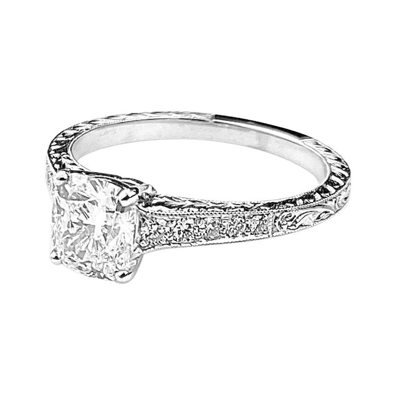 Rectangular Cushion Solitaire Diamond Engagement Ring with Milgrain Detail For Sale at 1stDibs