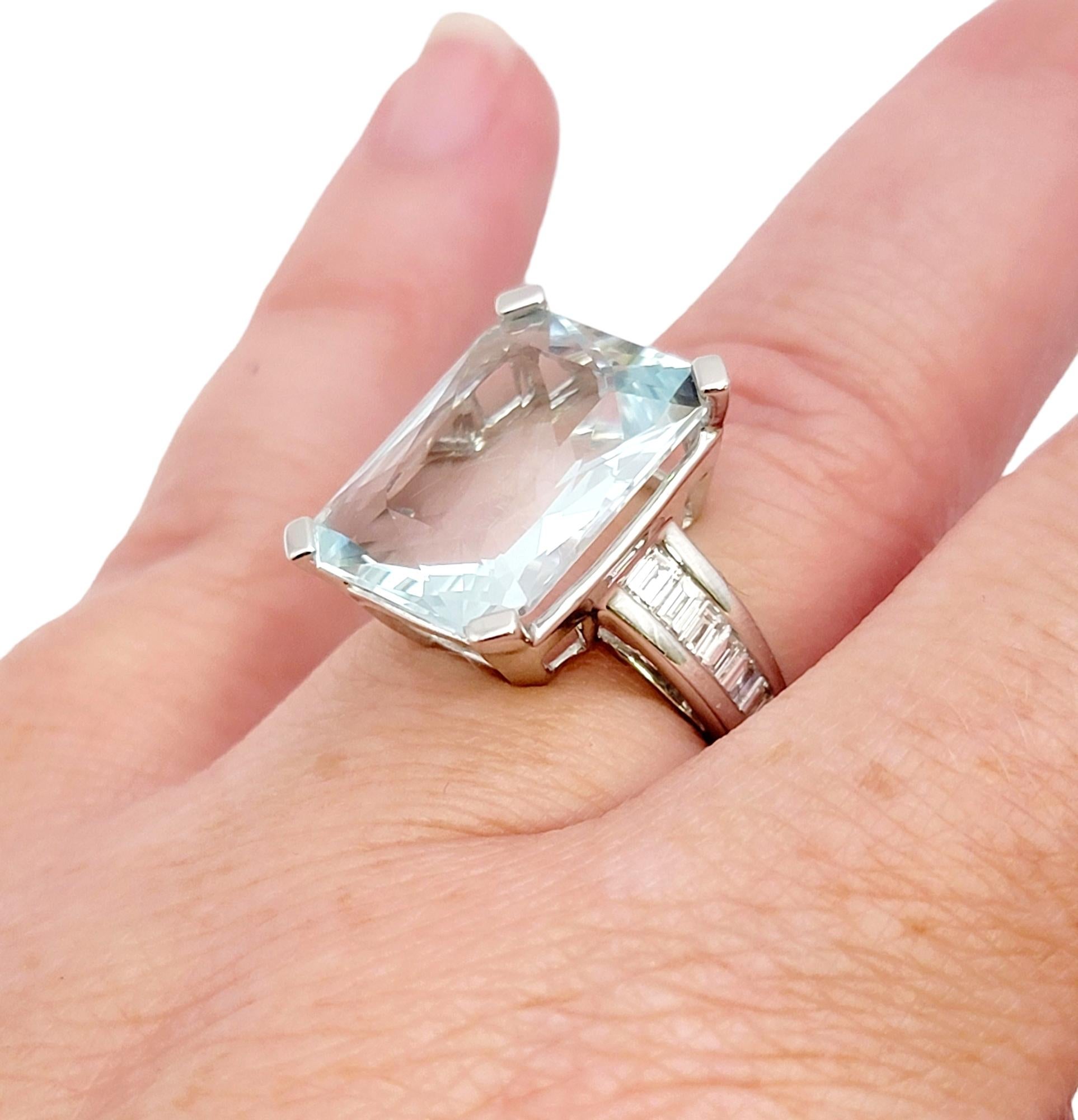 Rectangular Cut Aquamarine and Baguette Diamond Cocktail Ring in Platinum For Sale 7