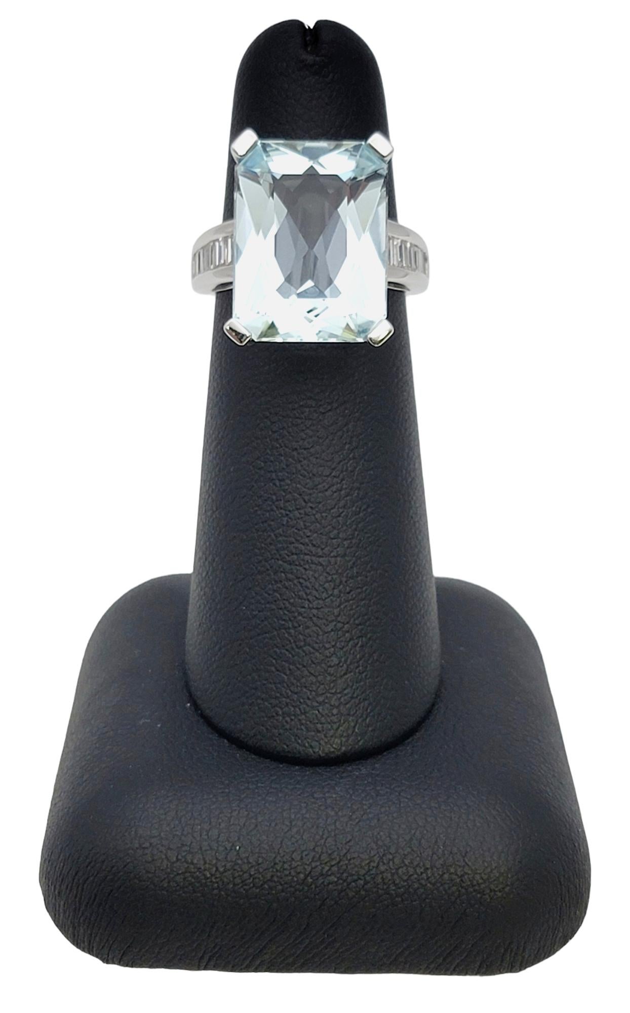 Rectangular Cut Aquamarine and Baguette Diamond Cocktail Ring in Platinum For Sale 8