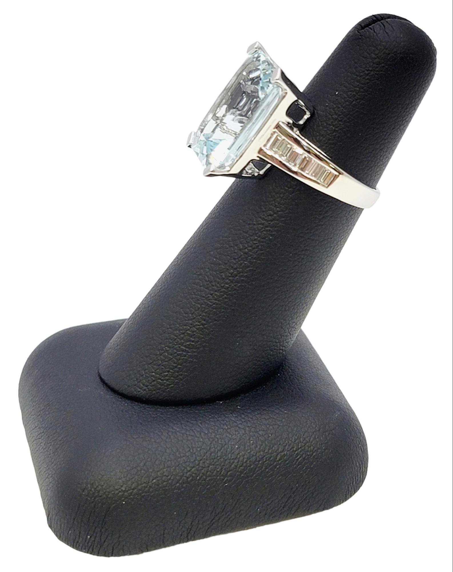 Rectangular Cut Aquamarine and Baguette Diamond Cocktail Ring in Platinum For Sale 9