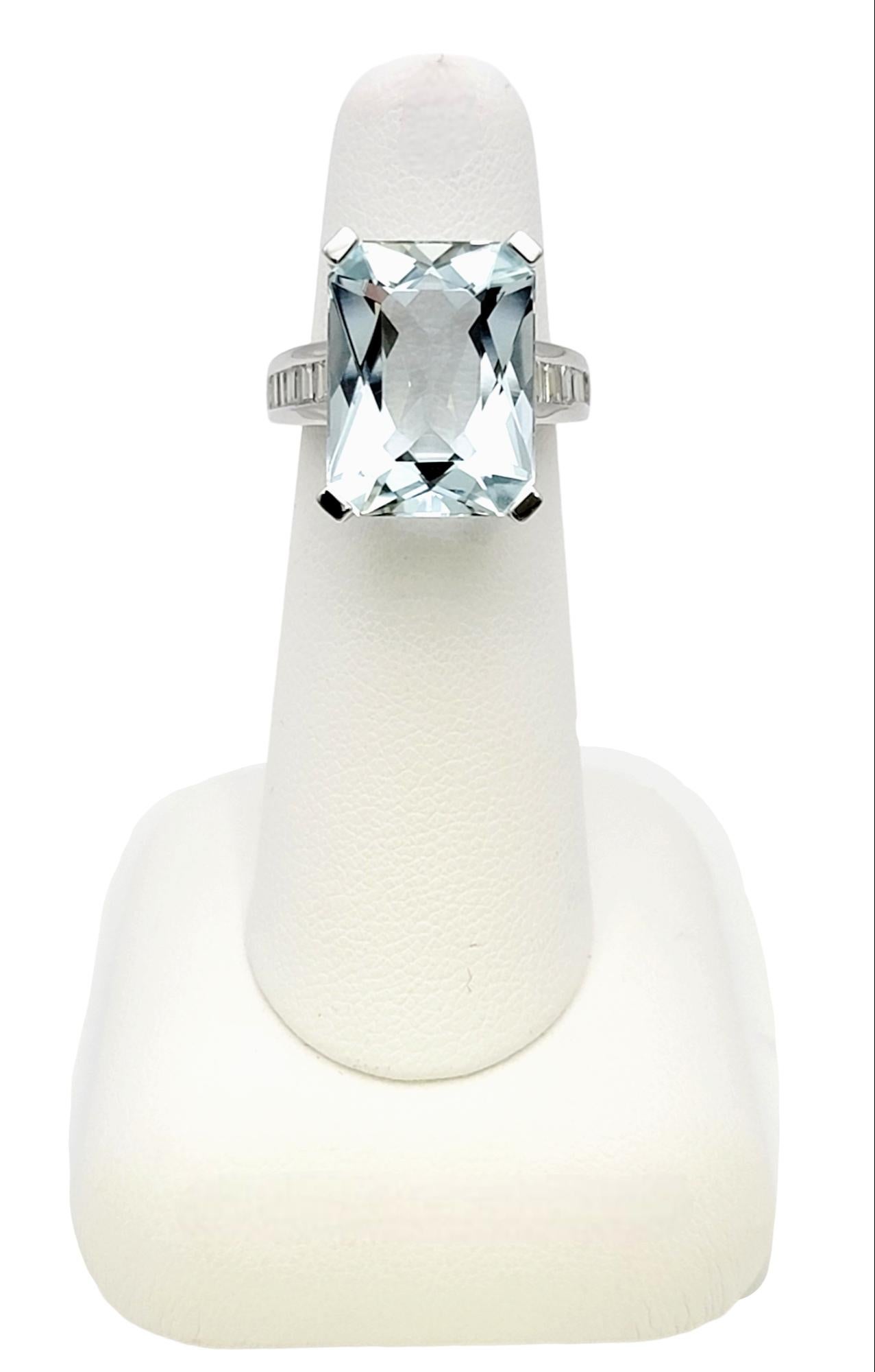 Rectangular Cut Aquamarine and Baguette Diamond Cocktail Ring in Platinum For Sale 10
