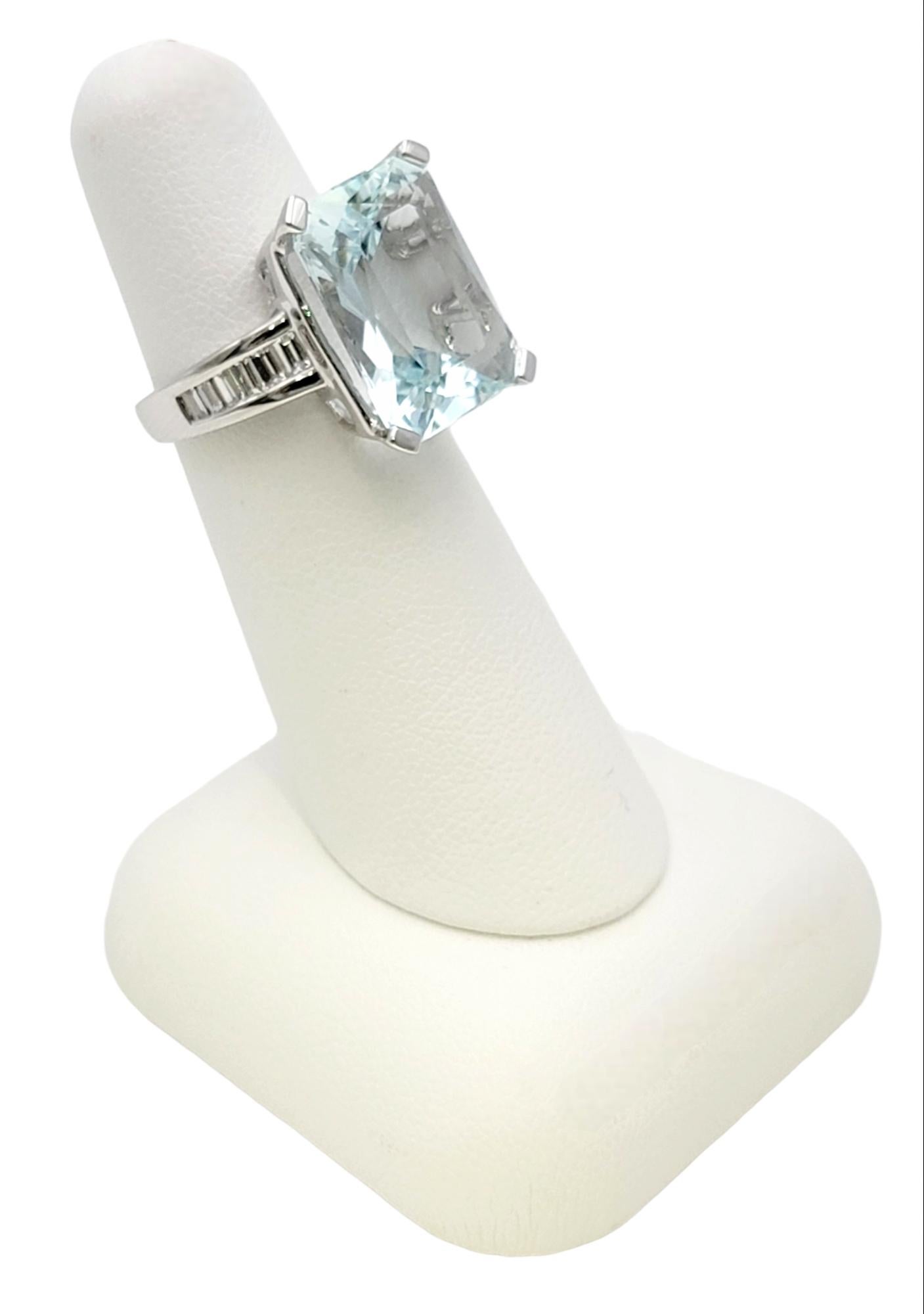 Rectangular Cut Aquamarine and Baguette Diamond Cocktail Ring in Platinum For Sale 11