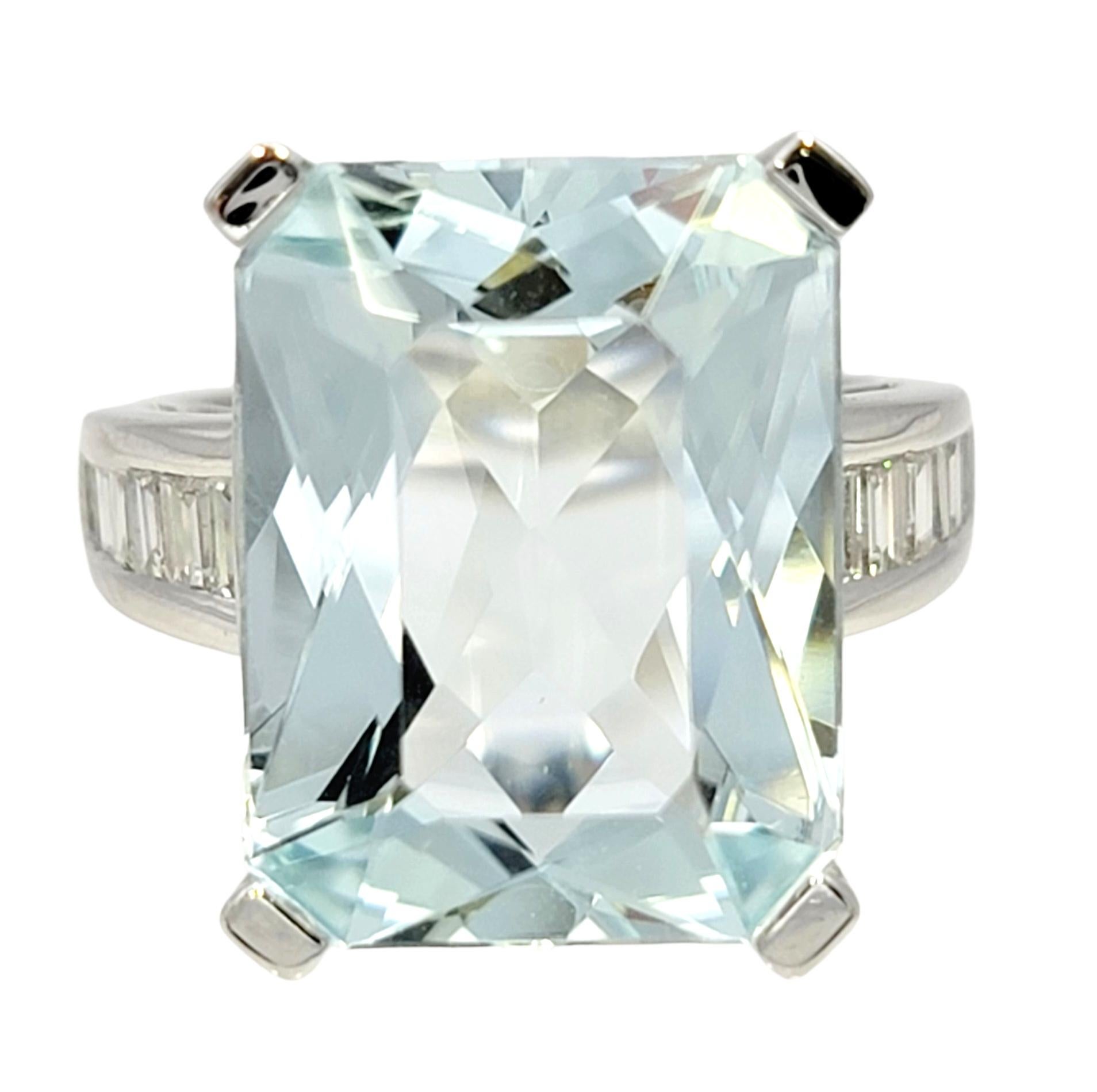 Ring size: 5

Elegant and captivating, behold this exquisite aquamarine and diamond cocktail ring crafted in polished platinum. A true embodiment of luxury, this remarkable piece is sure to make a lasting impression.

At the center of the piece is a