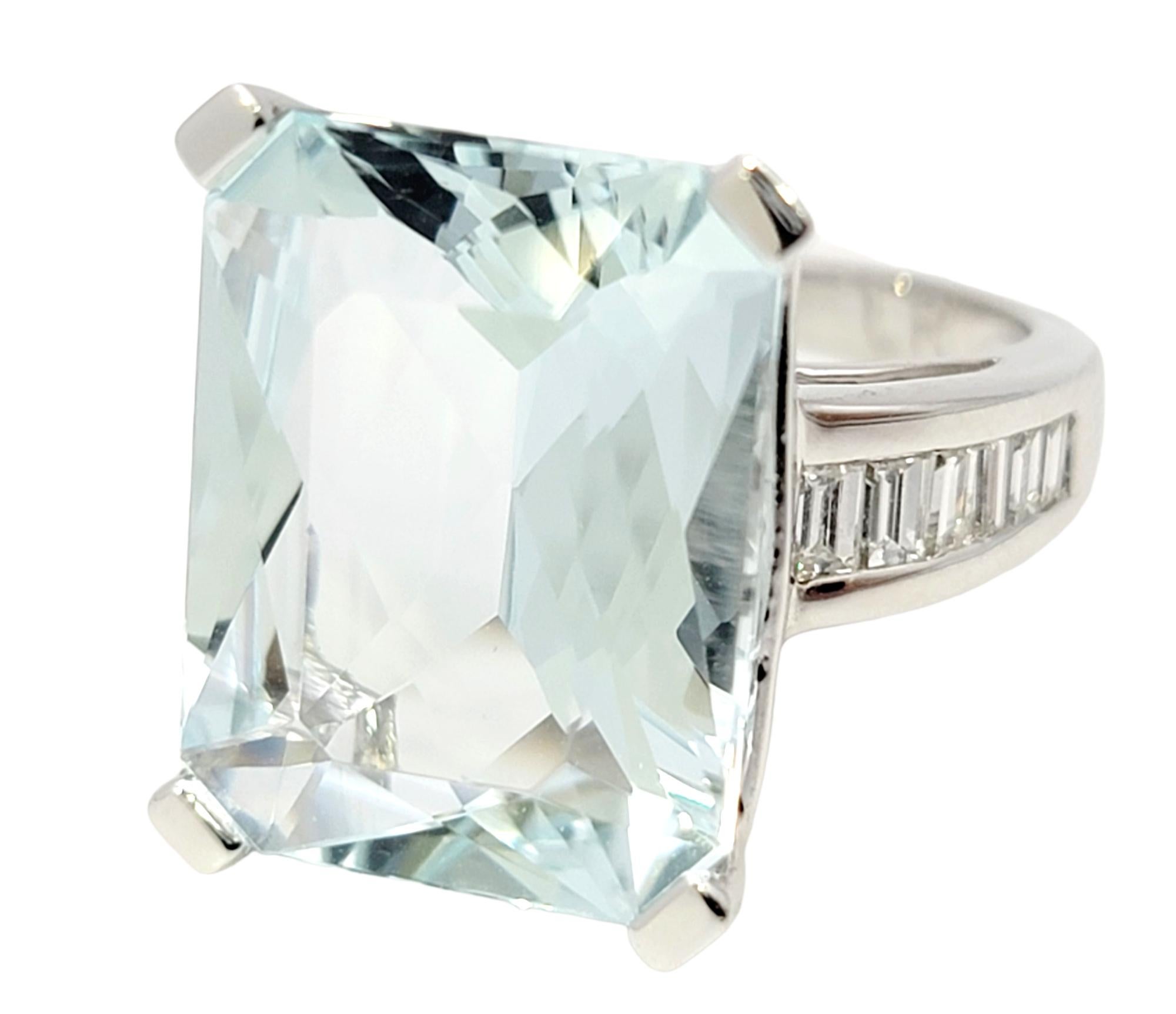 Contemporary Rectangular Cut Aquamarine and Baguette Diamond Cocktail Ring in Platinum For Sale